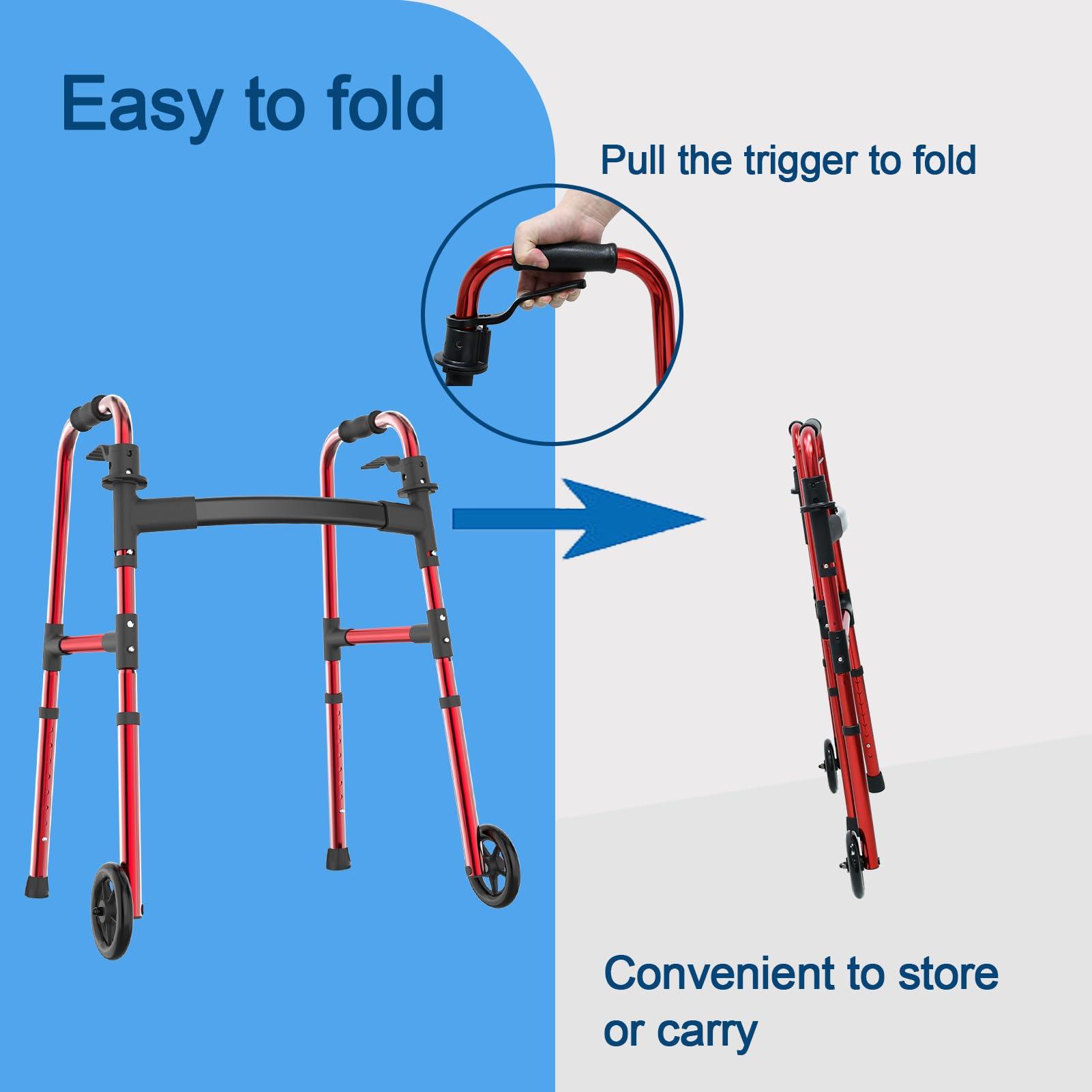 Loyoda Loyoda Folding Walker for Seniors, FSA/HSA Eligible Walker with Skis Lightweight 5\'\' Front Wheel Walker Height Adjustable Aluminum Standard Walker for Elderly and DisabledRed