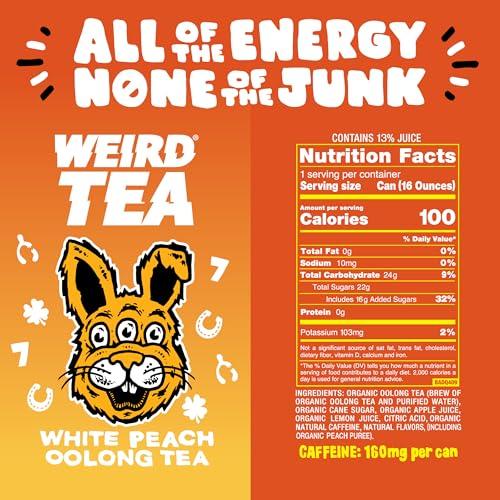 WEIRD Drink Weird Organic White Peach Oolong Tea 16oz Cans, 160mg Organic Caffeine, Pack of 12 A Refreshing Energy Drink Alternative