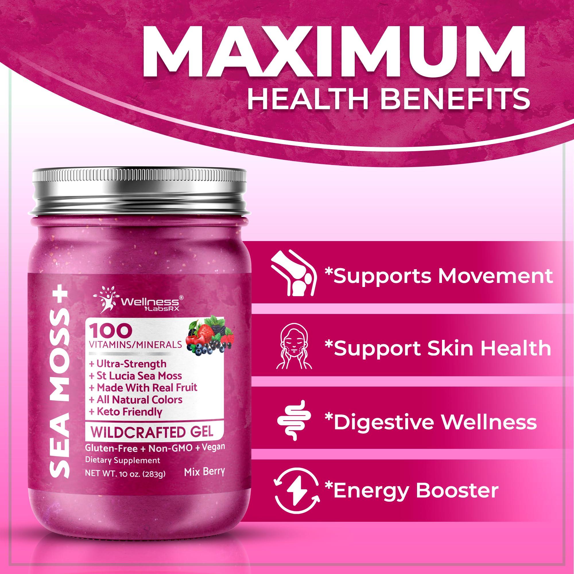 WELLNESS LABSRX Irish Sea Moss Gel Organic Raw - Wildcrafted Superfood Seamoss Gel - Mix Berry Flavor, Vitamin and Mineral-Rich from Pristine Caribbean Waters, Immune and Digestive Health Support - 10 oz.