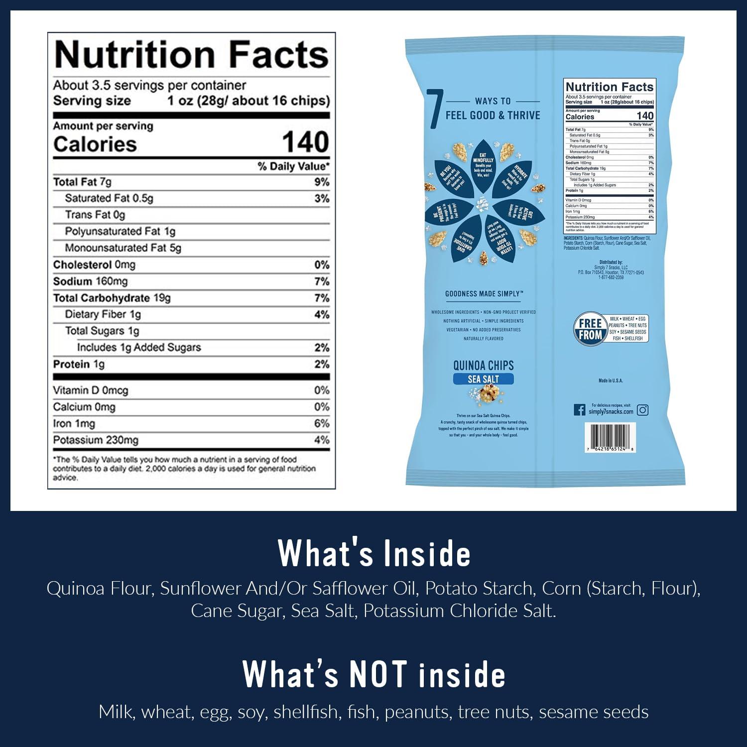 Simply 7 Simply 7, Quinoa Chips, Sea Salt, 3.5 Oz, 8 Pack, Non-GMO, Nut-Free, Vegetarian, Vegan Snack, Low Fat, Low Calorie, Plant-Based, Cholesterol Free