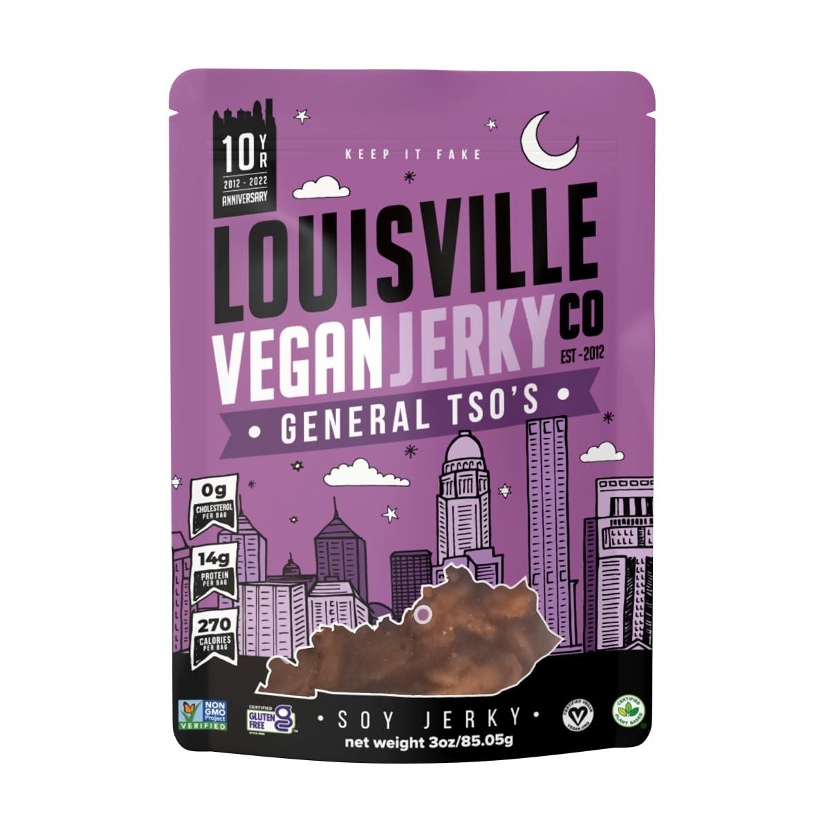 Louisville Vegan Jerky Louisville Vegan Jerky - General Tsos Vegan and Vegetarian Meat - Lip-Smacking Vegan-Friendly & Vegetarian Jerky - Non-GMO, Gluten-Free Low Fat High Protein Vegan Snacks