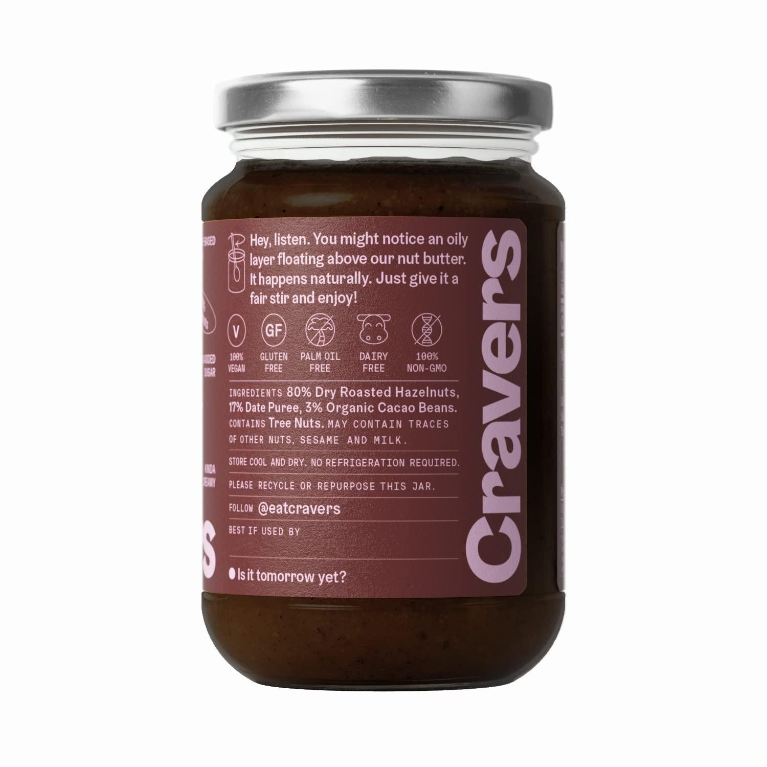 Cravers Cravers Cacao Hazelnut Spread - No Sugar Added, Vegan, Palm Oil Free & Non-GMO, Creamy Chocolate Spread | 12 oz Jar | High Protein, Kosher, Gluten Free