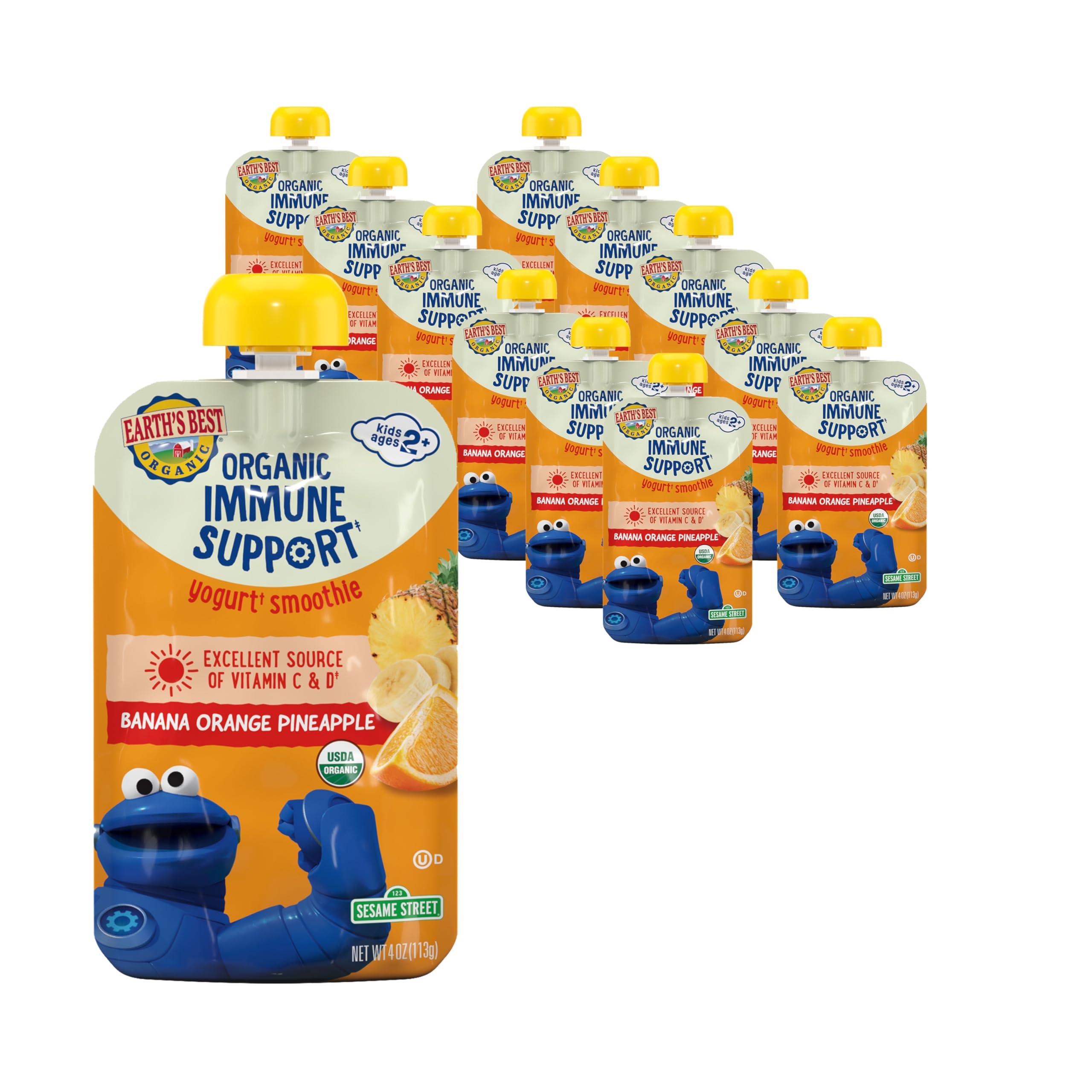 Earth\'s Best Earth\'s Best Organic Kids Snacks, Sesame Street Toddler Snacks, Immune Support Fruit Smoothie for Toddlers 2 Years and Older, Pineapple Orange Banana, 4 oz (Pack of 12)