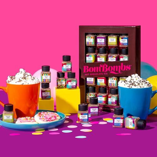 Thoughtfully BomBombs, Hot Chocolate Mix Gift Set in Mini Bottles, Flavors Include Rocky Road, Pumpkin Pie, Chocolate Cherry, Peppermint Swirl, Salted Caramel Donut & More, Sampler Set of 16