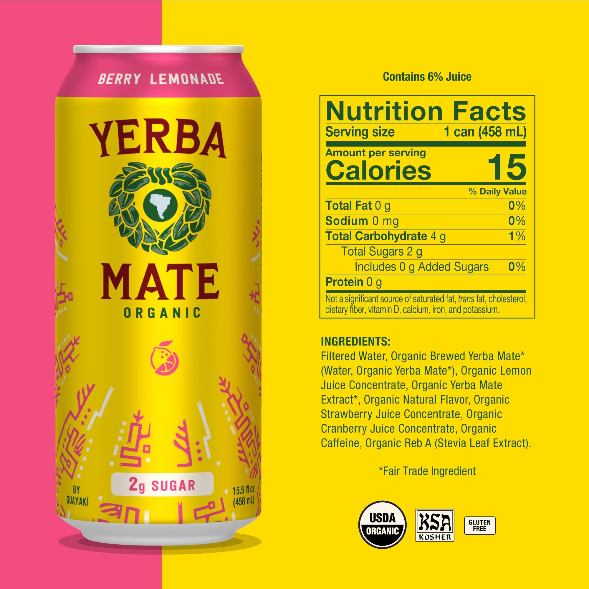Guayaki Yerba Madre Organic Yerba Mate, Energy Drink Alternative, Berry Lemonade, Low Sugar, 150mg Natural Caffeine, Better for You Energy & Focus, No Jitters or Crash, 15.5 Oz (Pack of 12) (Packaging May Vary)