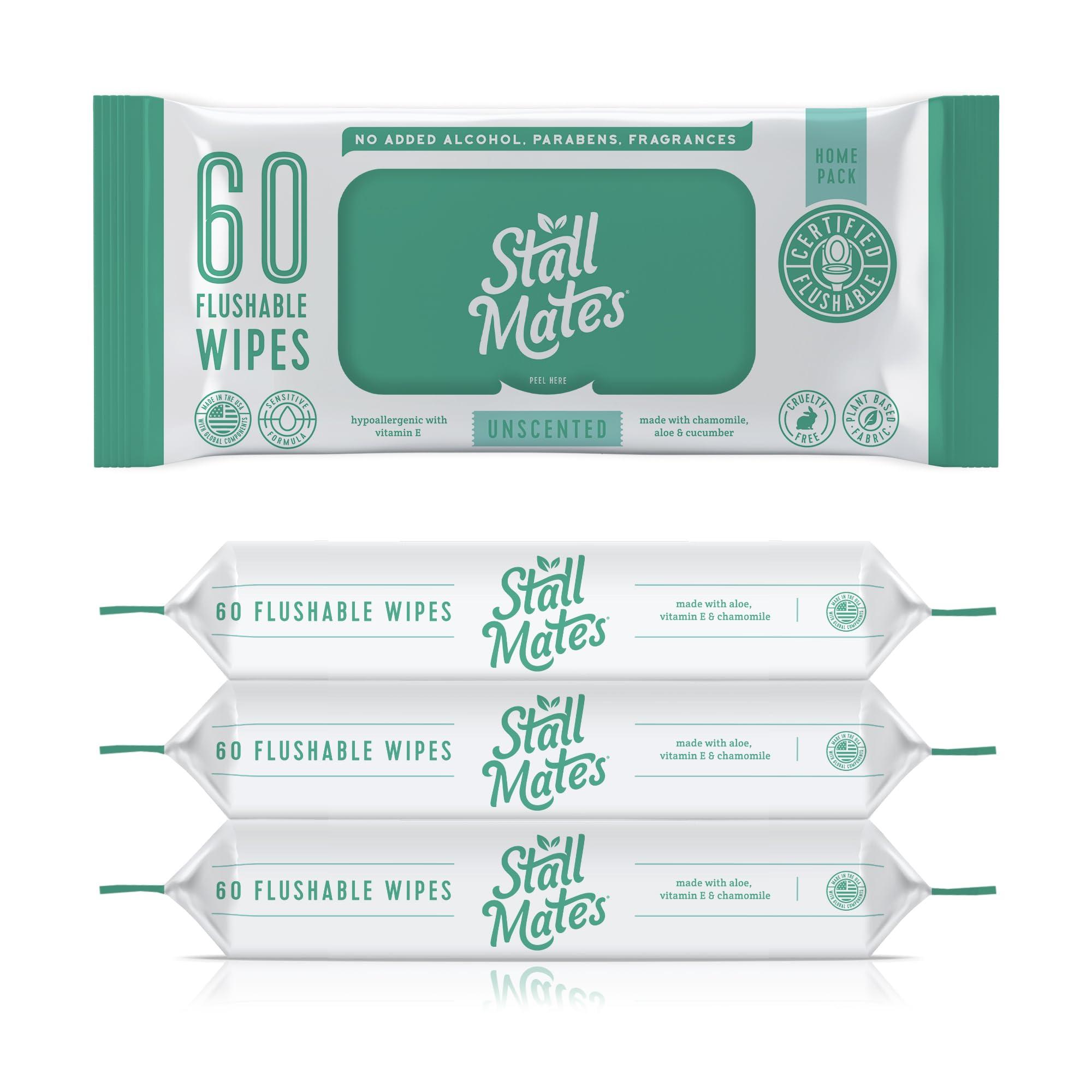 Stall Mates Wipes Stall Mates Wipes: Flushable Wipes | 60-Wipe Home Pack | Hypoallergenic | Unscented with Vitamin-E & Aloe | (4 Pack - 240 Wipes Total)