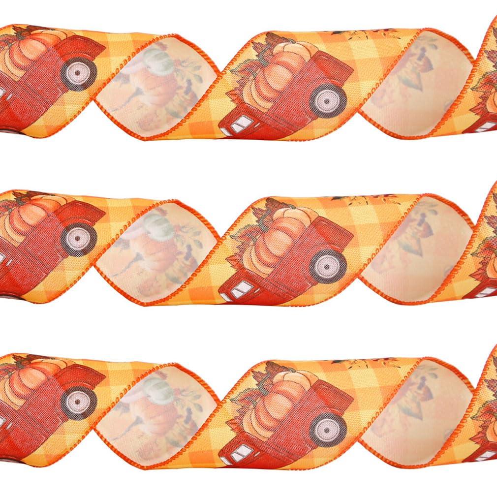 KALWAX Autumn Ribbon Roll, Halloween Ribbon, Fall Wired Ribbon in 6.5cm Width for Wrapping Orange Plaid Maple Leaf Pumpkin Autumn Harvest DIY Craft Ribbon for Gift Wrapping Wreath Decor Bow (5 Pieces)