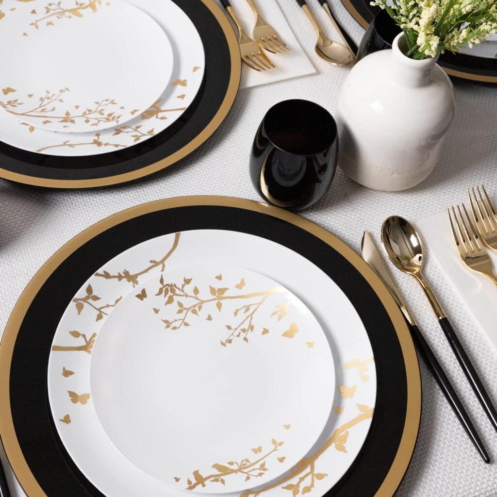 EcoQuality EcoQuality 6\" inch Round White Plastic Plates with Gold Floral Design - Spring Flower Heavy Duty Large Disposable Charger Dinner Plate Weddings, Tableware, China Like Party Plates (70 PACK)