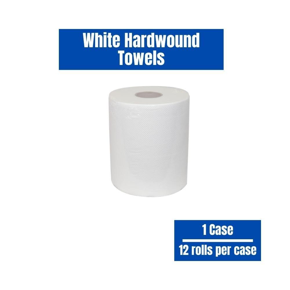 PackagingSuppliesByMail Commercial Hardwound Paper Towel Rolls, White 12 Pack, 8 Inch x 300 Feet, 1-Ply, 2 Inch Core, Fits Universal Dispenser