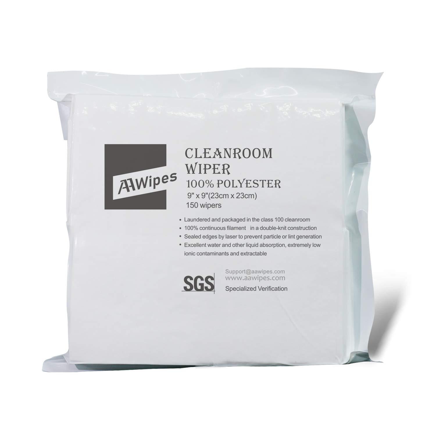 AAwipes AAWipes Cleanroom Cloth Wipes 9\"x9\" (Bag of 150 Pcs) Double Knit 100% Polyester Wipers Lint Free Cloths with Ultra-fine Filaments, Laser Sealed Edge, Class 100 Cloths, Ultra-soft Wipes CP14009