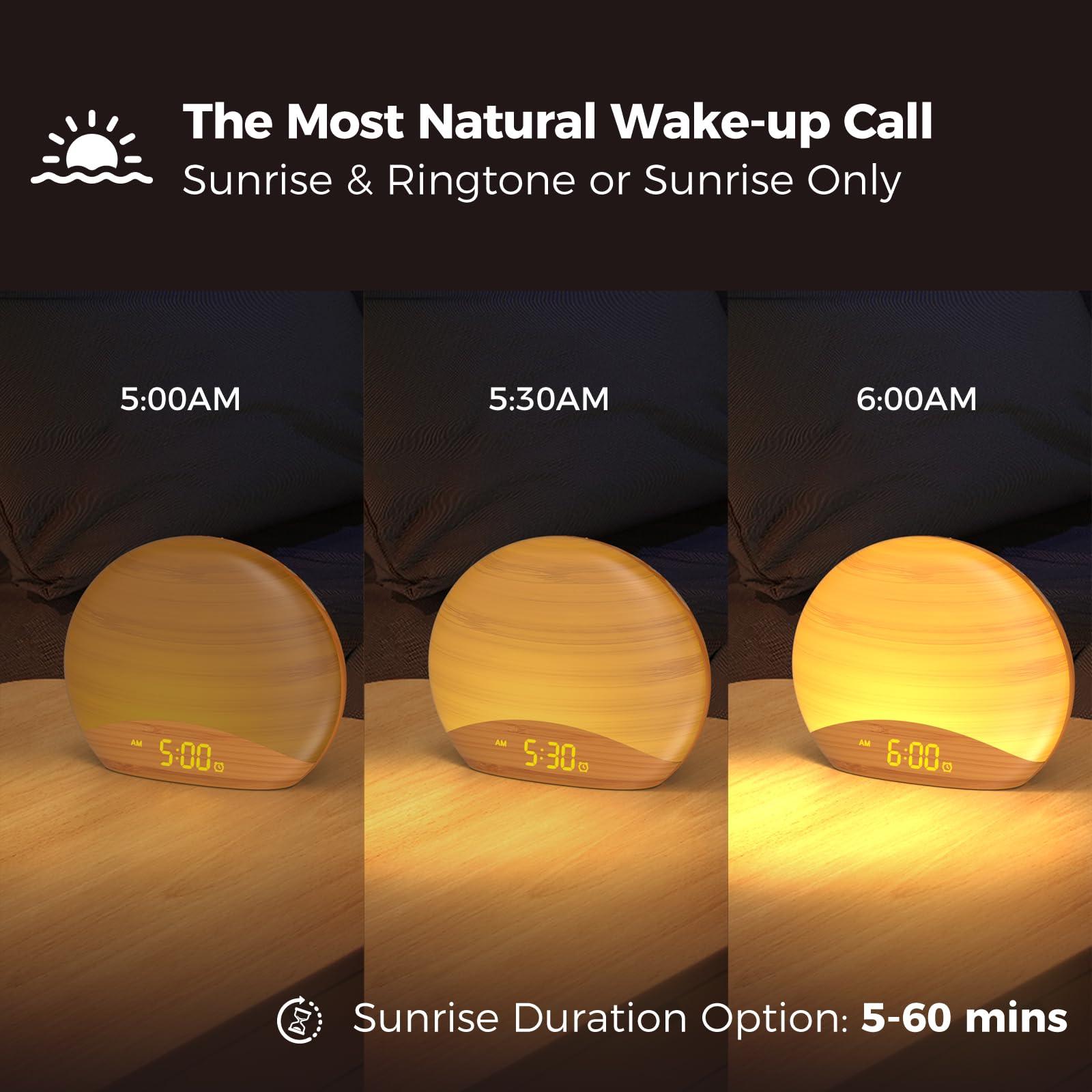 REACHER REACHER Natural Wood Grain Sound Machine Sunrise Alarm Clock26 Nature Inspired Sleeping Sounds, 0-100% Dimmable Clock, Night Light,Brown/Pink/White Noise Sound Machine for Babys, Kids, Adults