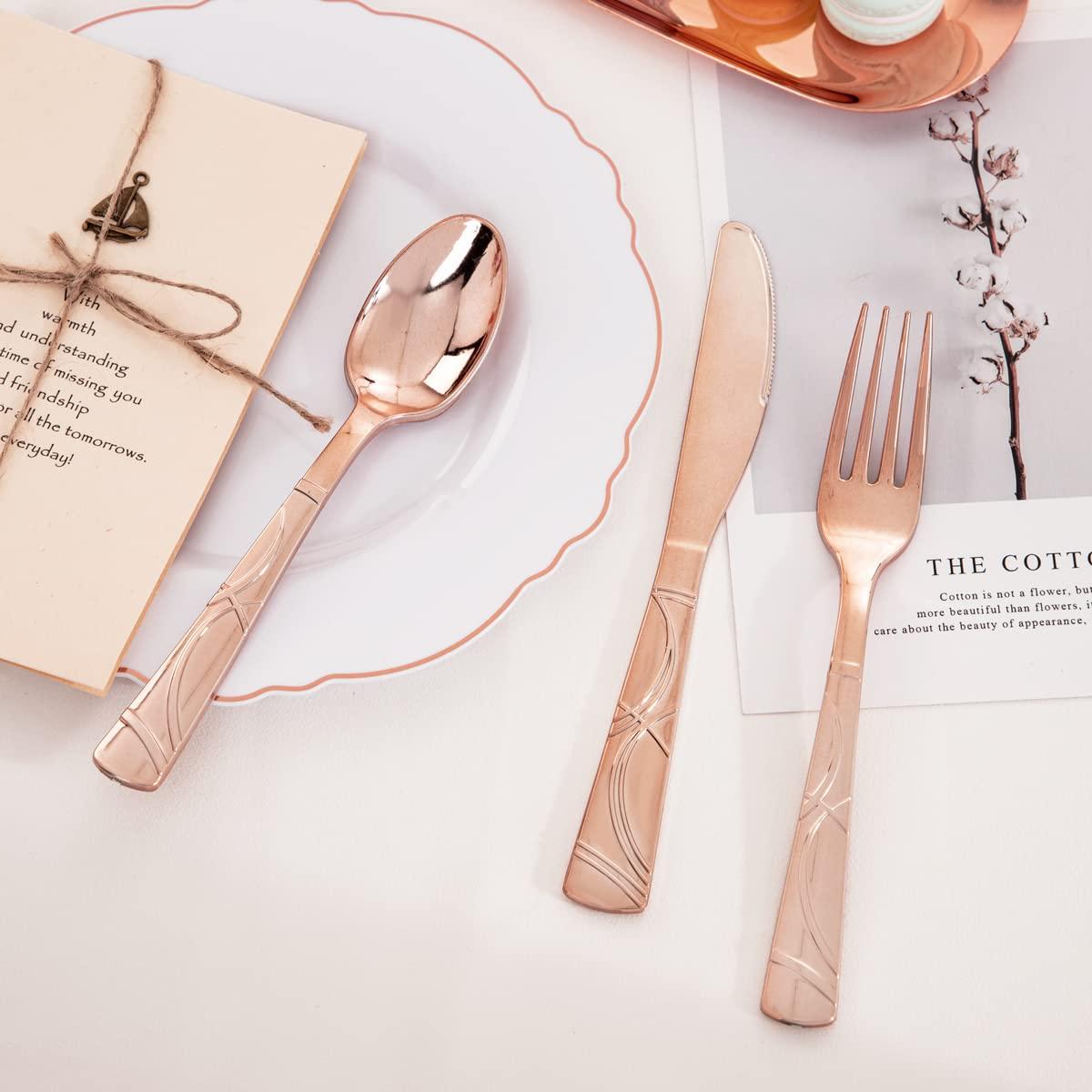WELLIFE WELLIFE 350 PCS Rose Gold Square Plastic Plates, Disposable Rose Gold Dinnerware, Includes: 50 Dinner Plates10.25, 50 Dessert Plates7.5, 50 Cups 9 OZ, 50 Pre Rolled Napkins with Cutlery
