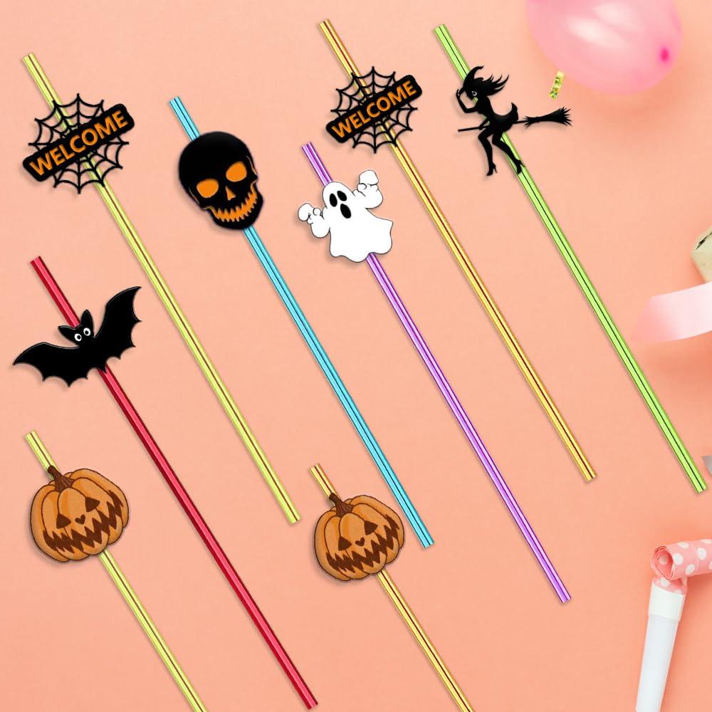 Meaxur MEAXUR 24 Pcs Halloween Party Favors Halloween Straws Reusable Plastic Crazy Straws Bats Pumpkin Witch Ghost Straws with 2 Cleaning Brush for Kids Halloween Party Supplies Birthday Decoration.(6Color)