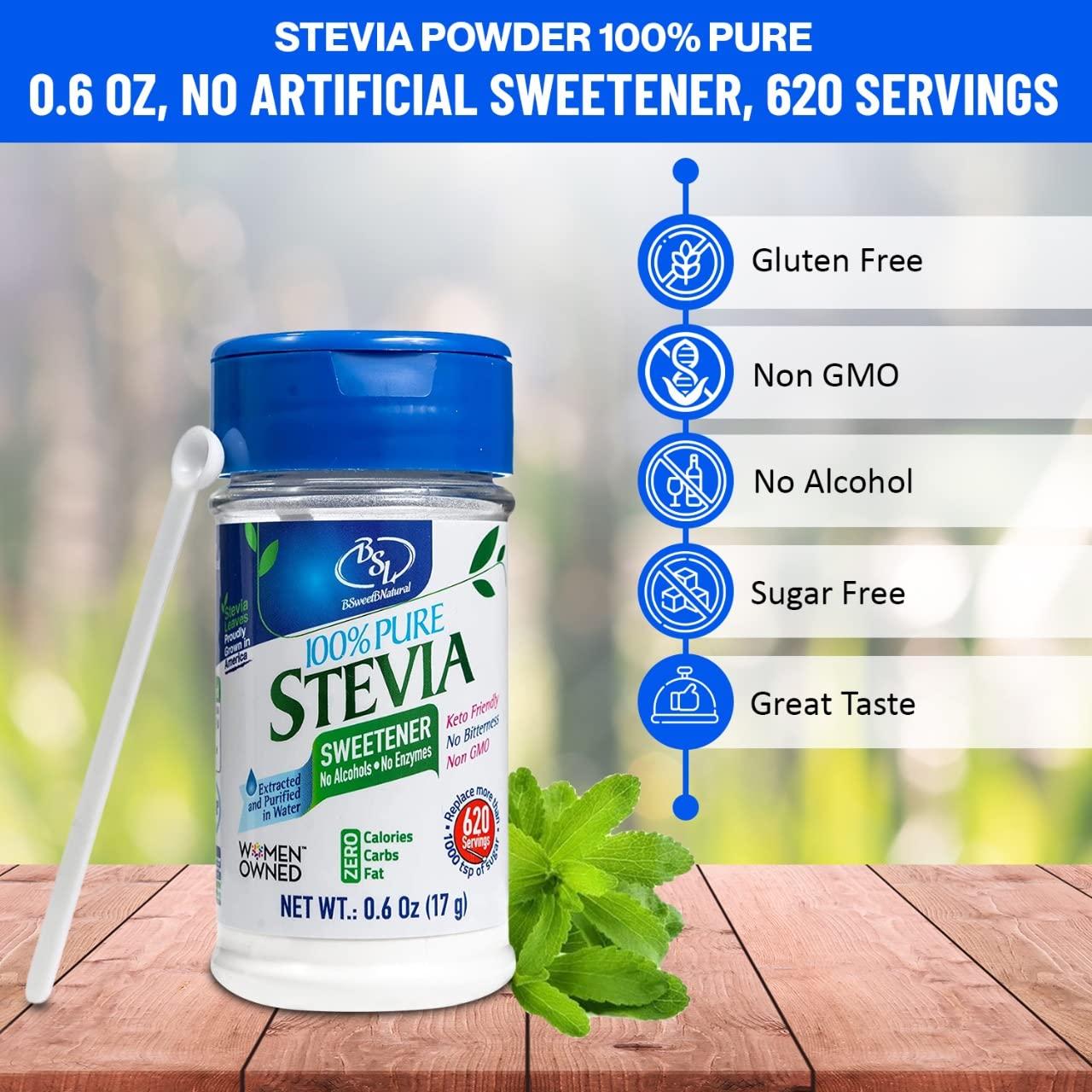 BSL BSWEETBNATURAL BSL 100% Pure Stevia Extract Powder Without Erythritol 0.6 Oz, No Artificial Sweetener, 620 Servings | Stevia No Erythritol | Zero Calorie & Keto Friendly, Pure Stevia Powder