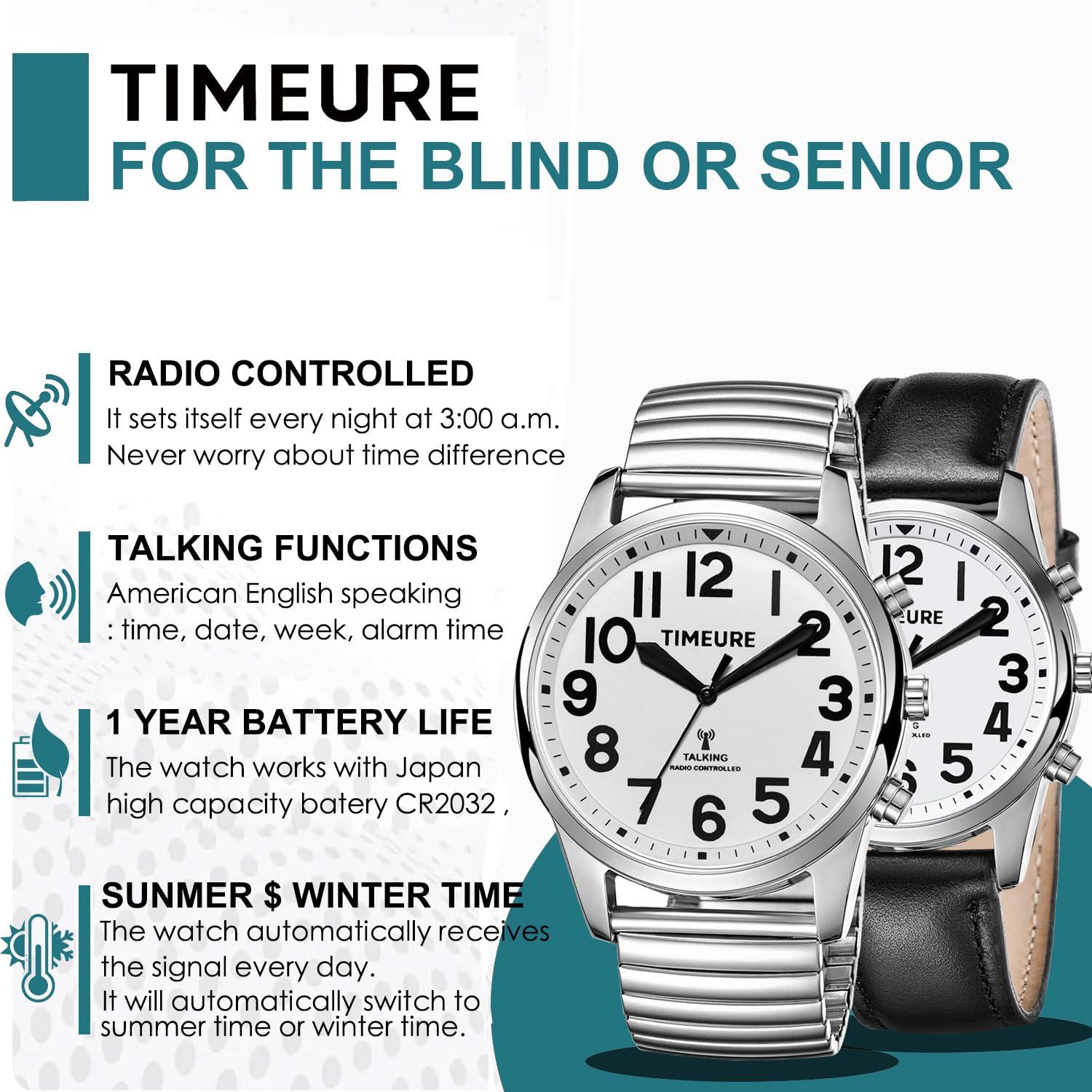 TIMEURE Talking Watch with Jumbo Numbers self-Setting for Bind Men, Seniors,Visually impaired,or Elderly, Father\'s Gift TIMEURE-2211 (Black)
