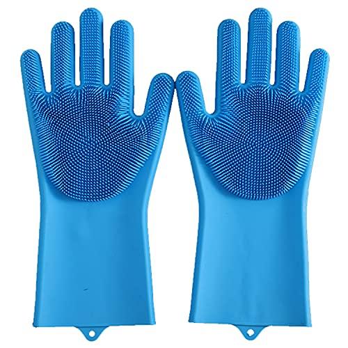 HealthyLifeUS HealthyLifeUS Silicone Dishwashing Gloves Reusable Non slip Heat Resistant for Kitchen Bathroom Car Wash Pet large 240g thick 1 Pair (Blue)