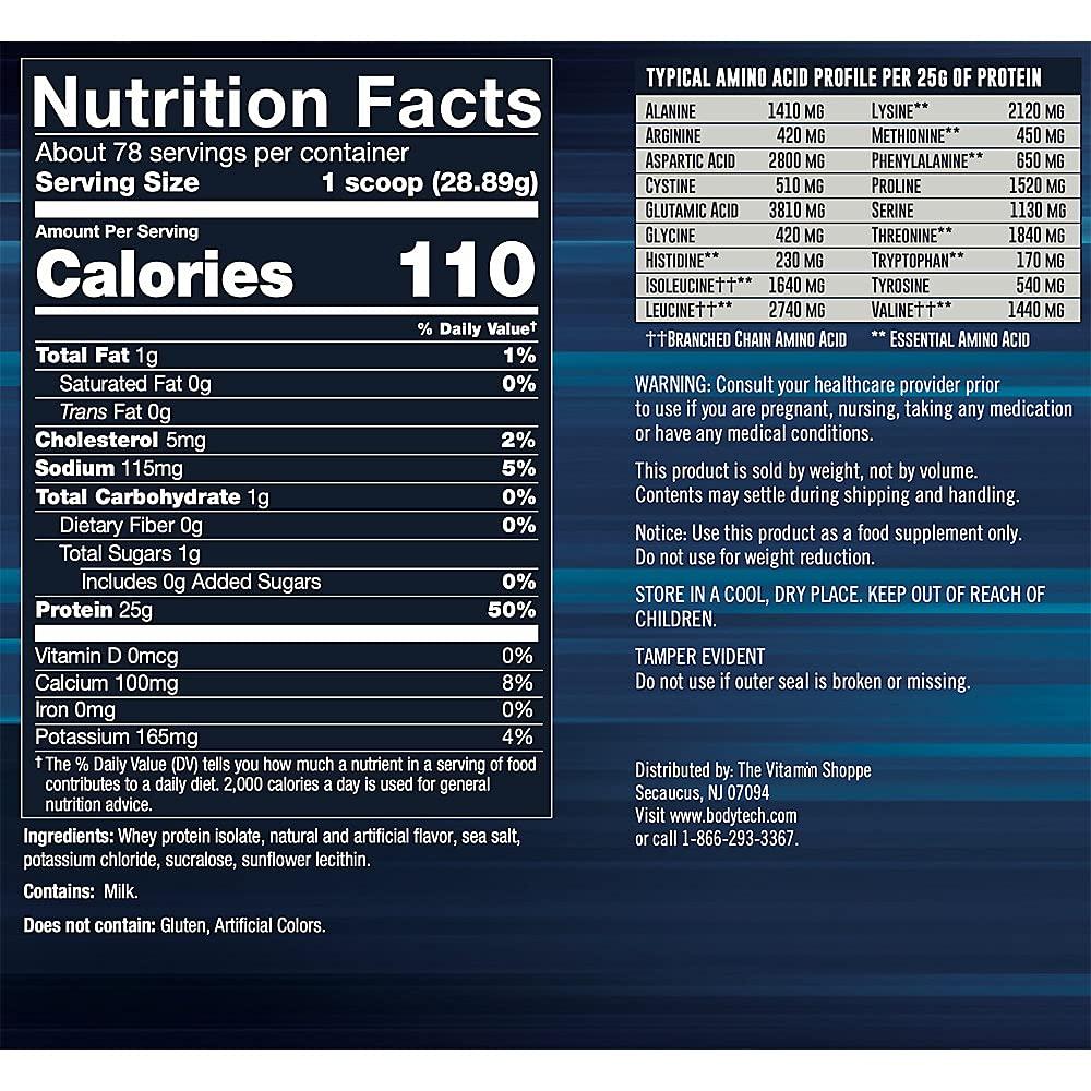 BODYTECH BODYTECH Whey Protein Isolate Powder - with 25 Grams of Protein per Serving & BCAA\'s - Ideal for Post-Workout Muscle Building & Growth, Contains Milk & Soy - Vanilla (5 Pound)