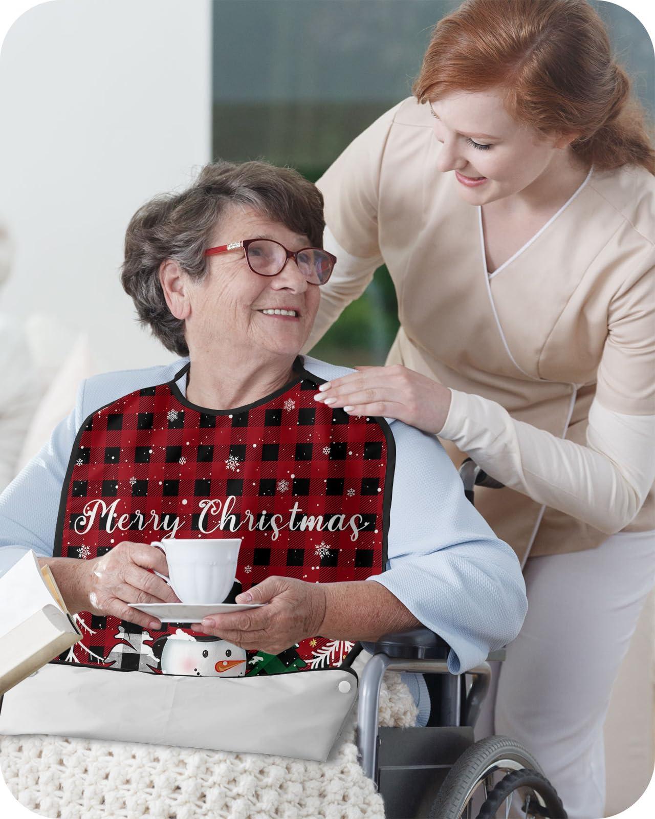 Kewadony Adult Bibs for Elderly Women - Christmas Waterproof Dining Clothing Protectors with Crumb Catcher for Eating/Feeding, Winter Snowflake Snowman Xmas Tree Red Black Plaid Terry Cloth Bib Washable
