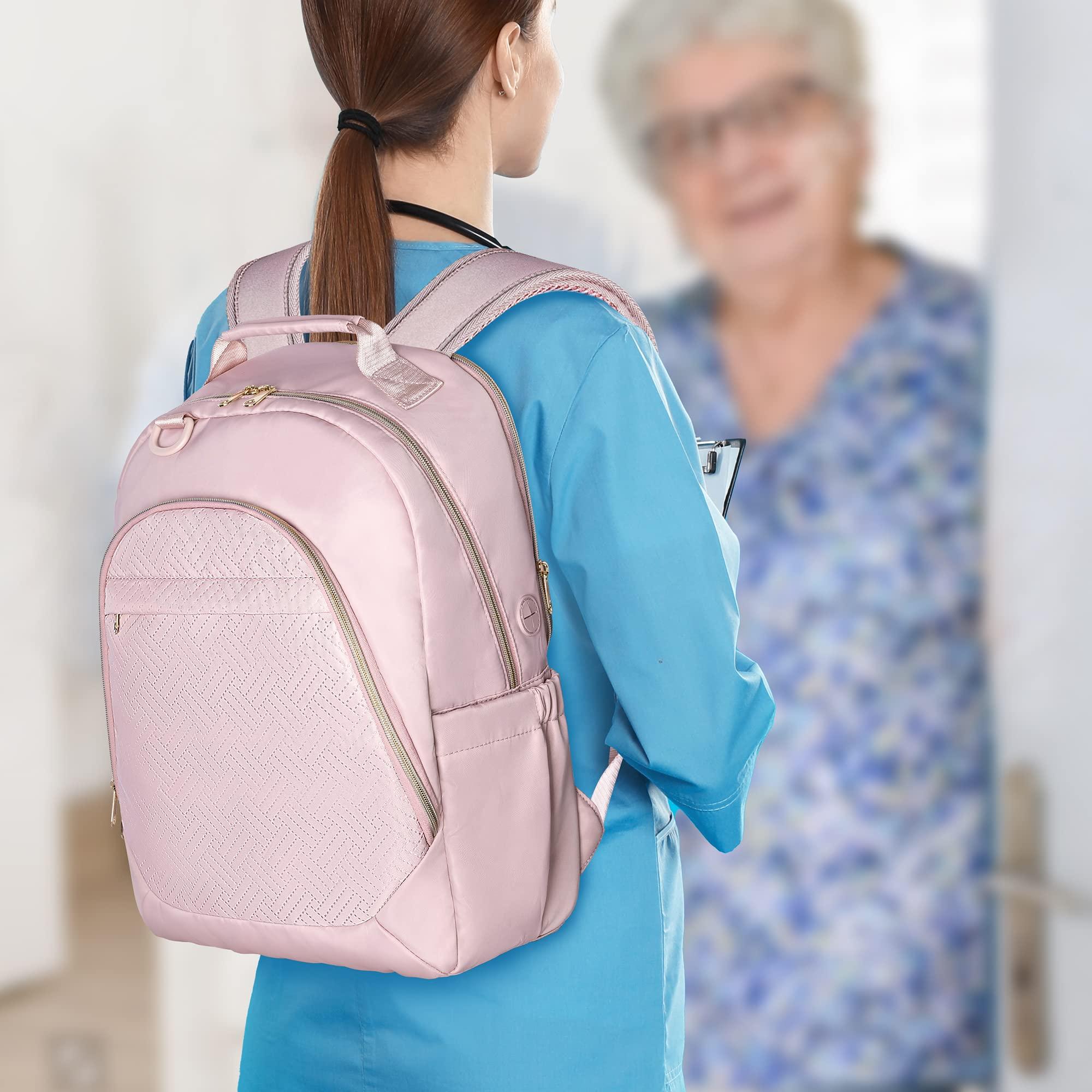 Fasrom Fasrom Nurse Bag Backpack for Work Women with USB Charging Hole, Home Health Clinical Bag with Laptop Compartment for Nursing Staff, Medical Assistants, Pink (Empty Bag Only)