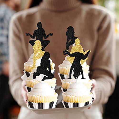 Cheereveal Cheereveal 24PCS Twerk Cupcake Toppers, Black and Gold Glitter Pole Dancing Cupcake Toppers for Funny Halloween Bachelorette Adults Birthday Party Decorations