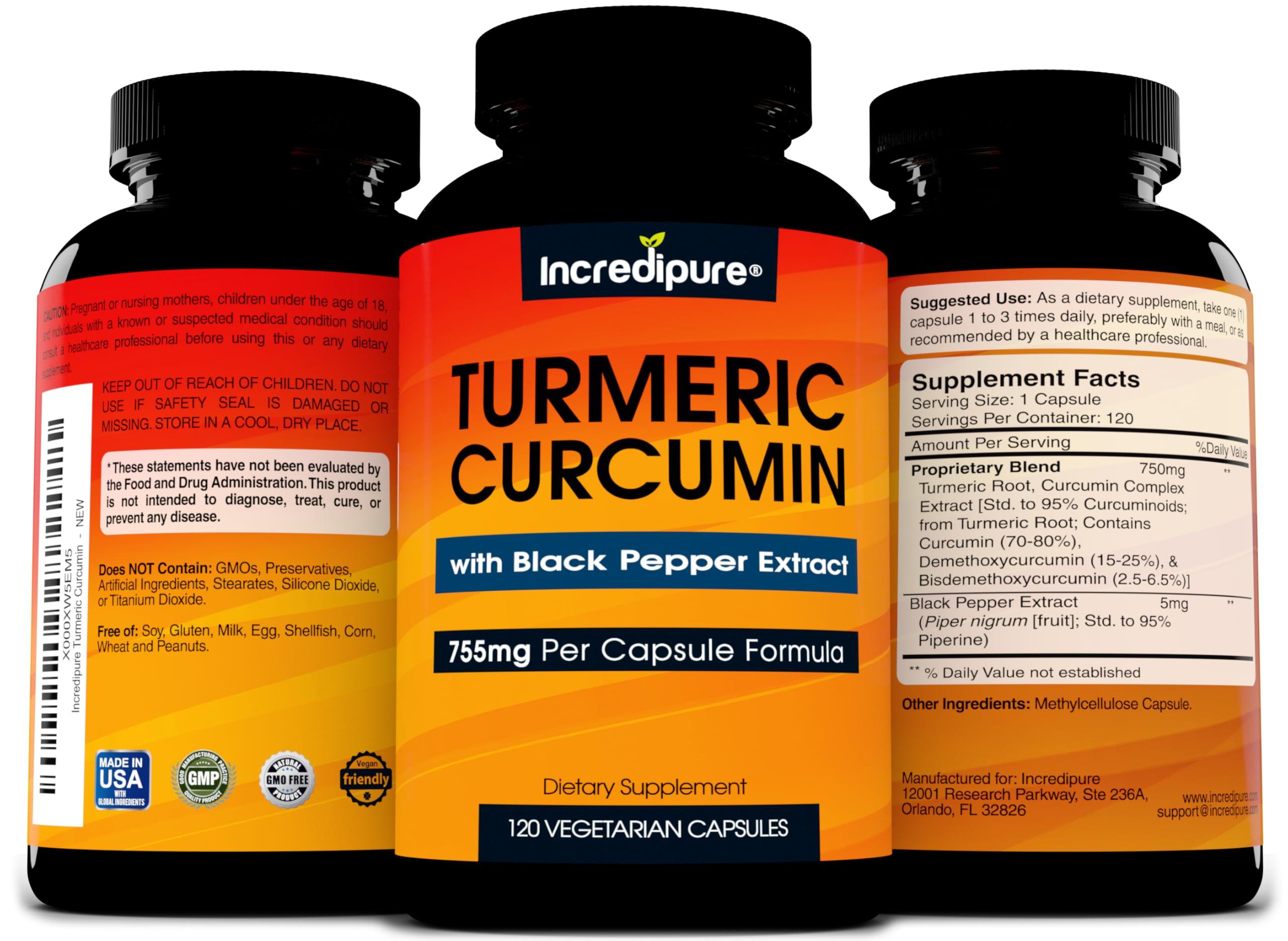 Curcumin Incredipure Turmeric Curcumin Supplement w/ BioPerine - 755mg Per Capsule, 120 Veggie Caps by Curcumin Incredipure