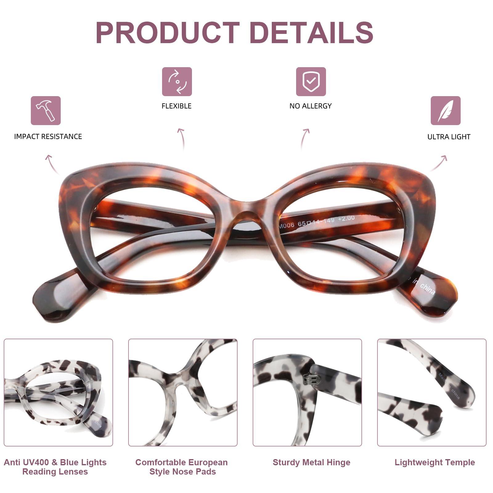 HoouMoou HoouMoou Oversized Cat Eye Reading Glasses for Women Stylish Designer Cateye Readers Funky Blue Light Blocking Glasses(Tortoise + Grey Tortoise, 1.0, x)