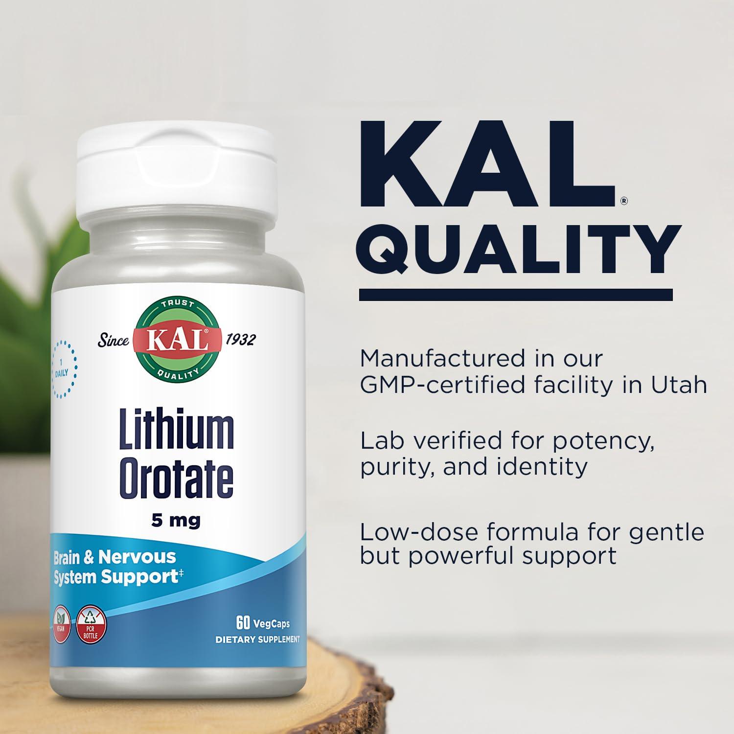 KAL KAL Lithium Orotate 5mg | Low Serving of Chelated Lithium Orotate for Bioavailability & Mood Support | in Organic Rice Bran Extract Base | 60 VegCaps