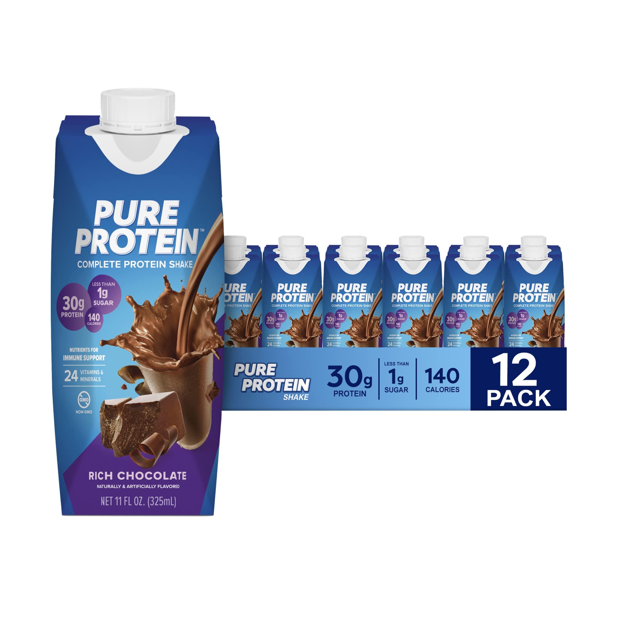 Pure Protein Pure Protein Chocolate Protein Shake, 30g Protein, 12 Pack and Pure Protein Chocolate Mint Cookie Protein Bars, 19g Protein, 12 Count