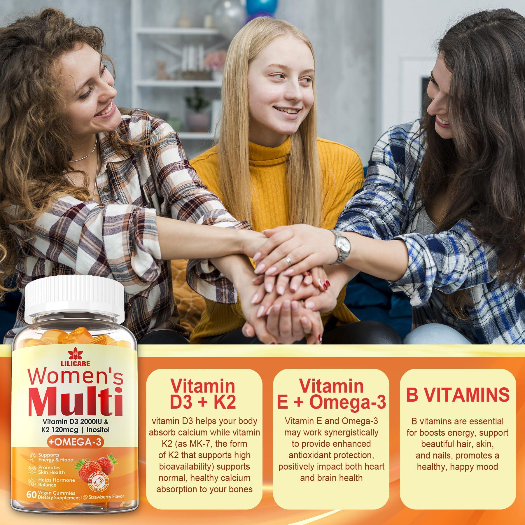 LILICARE Womens Multivitamin Gummies, Sugar-Free Methylated Multivitamins w/D3 + K2, Vegan Omega 3, Algae Calcium, Daily Vitamin A C E B6 B12 Folate, Inositol, Minerals for Energy, Mood, Bone, Hormore, 60 Cts