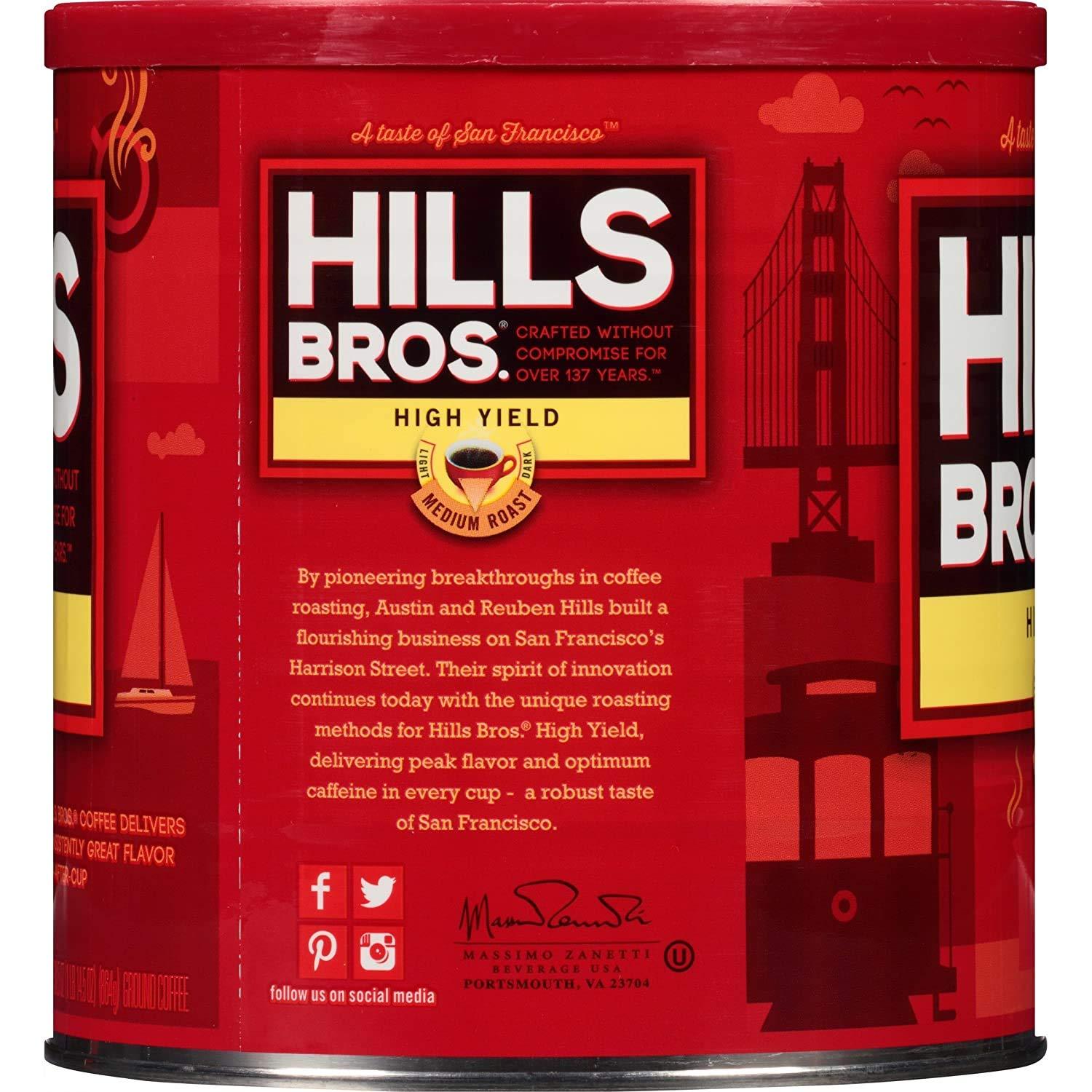 Hills Bros Hills Bros High Yield Ground Coffee, Medium Roast, 30.5 Oz. Can – Full-Bodied Rich Coffee Taste, Balanced for Optimum Caffeine