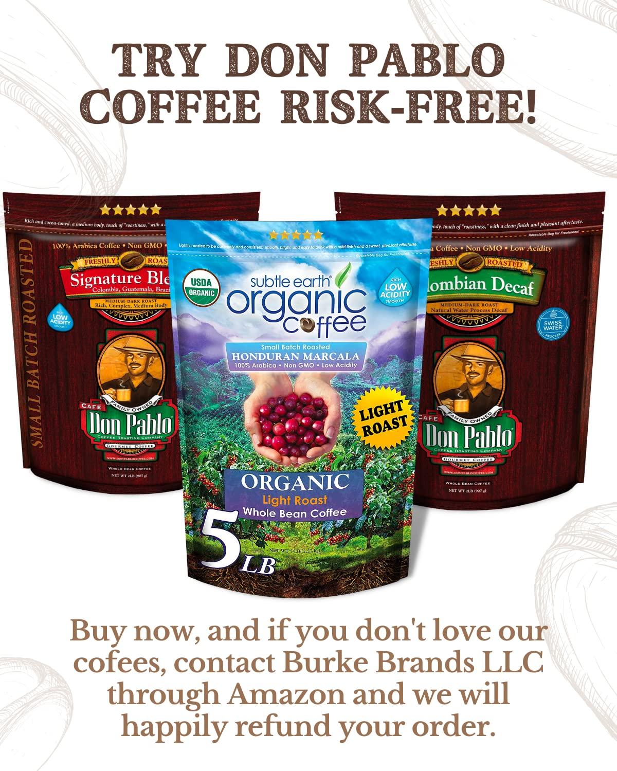Cafe Don Pablo Subtle Earth Organic Coffee - Light Roast - Whole Bean Coffee - 100% Arabica Beans - Low Acidity and Non-GMO - 5lb bag