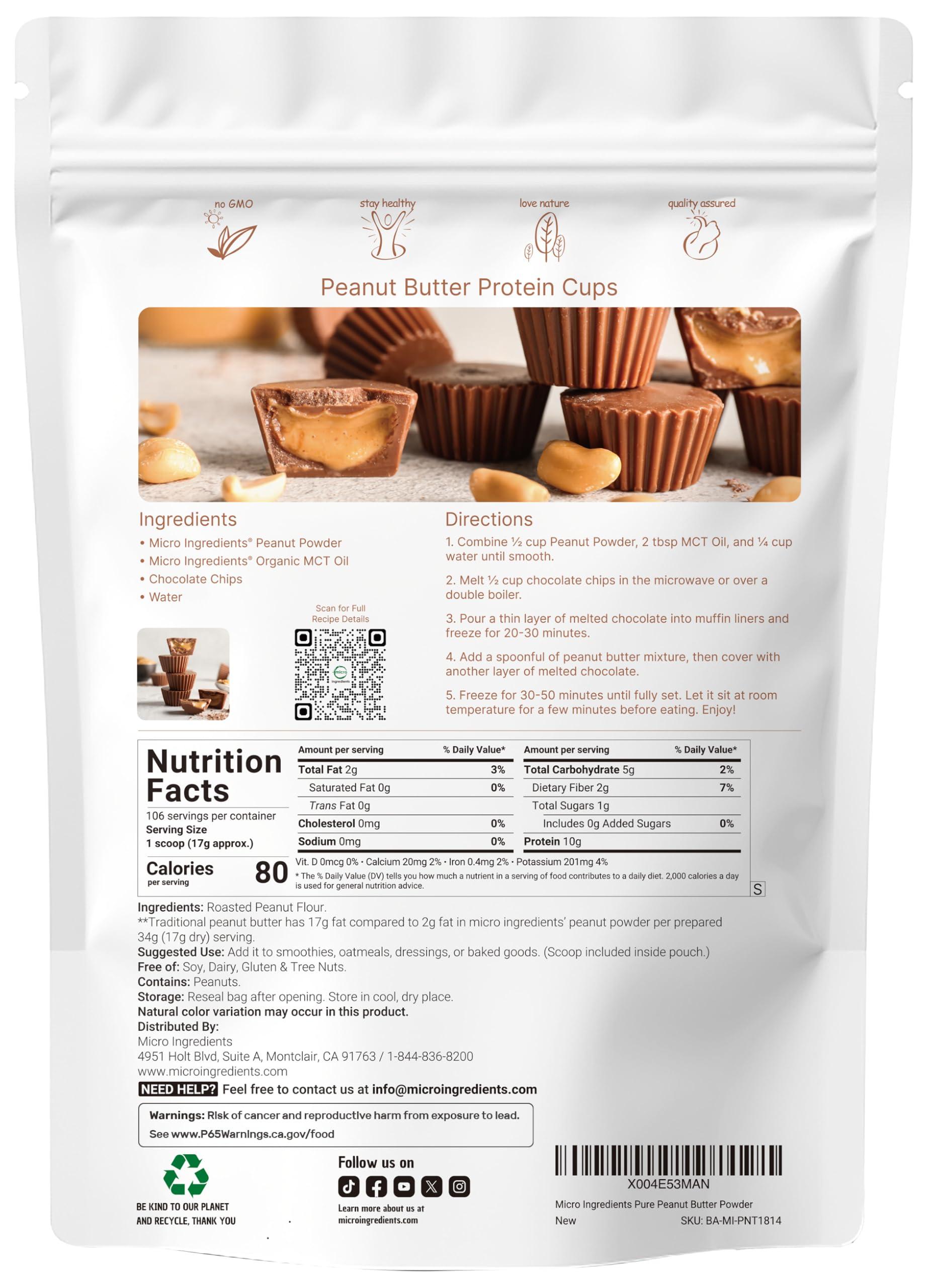Micro Ingredients Micro Ingredients Peanut Butter Powder, 4lbs (106 Servings) | 10g Protein & 88% Less Fat | No Added Sugar or Salt from Natural Fresh Roasted Peanuts | Non-GMO