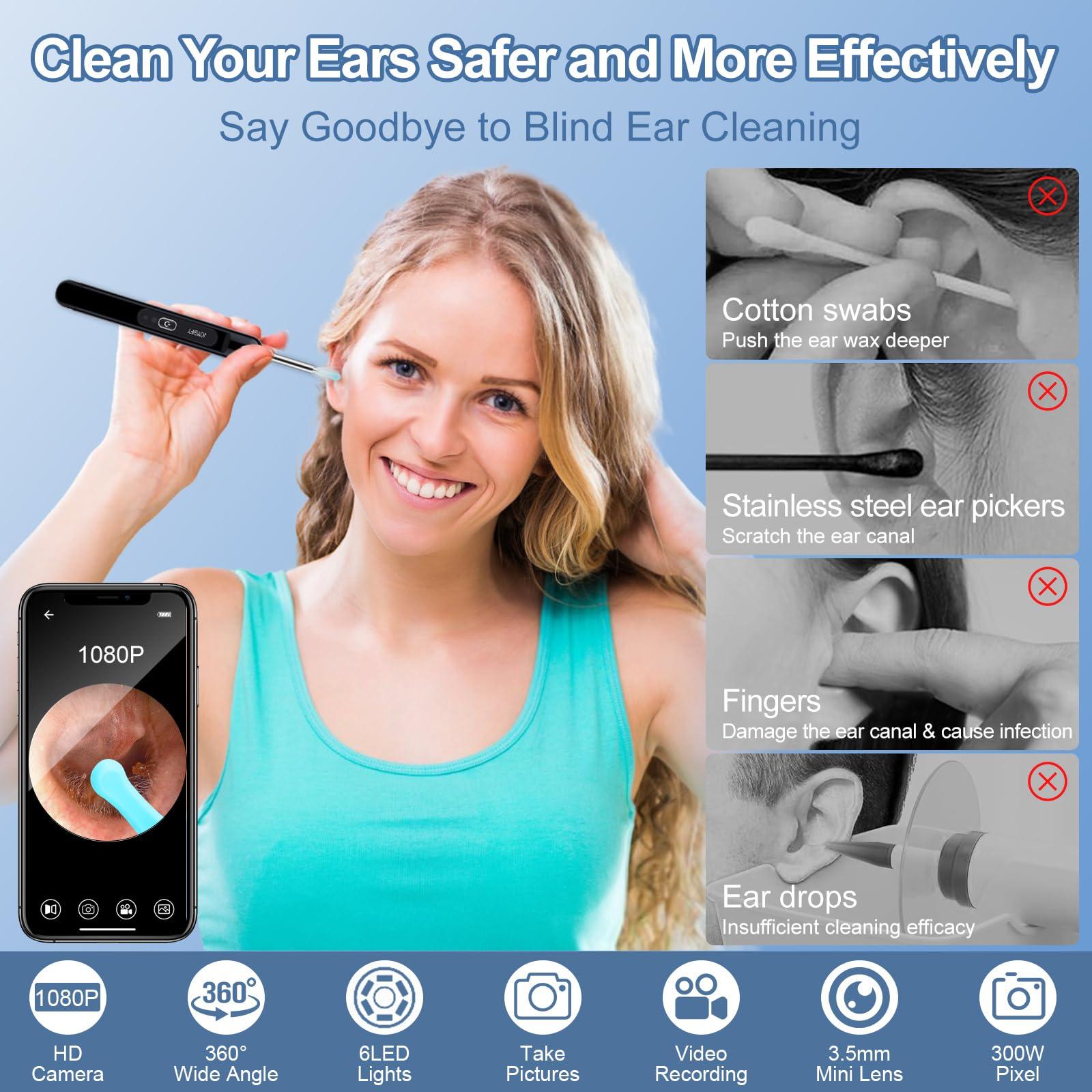 Healthappy Ear Wax Removal, Ear Cleaner with 1080P HD Camera, with 6 LED Lights/IP67 Waterproof Lens/8 Traditional Tools Ear Wax Removal Kit, Rechargeable Ear Cleaning kit for iOS, Android, Tablet (Black)