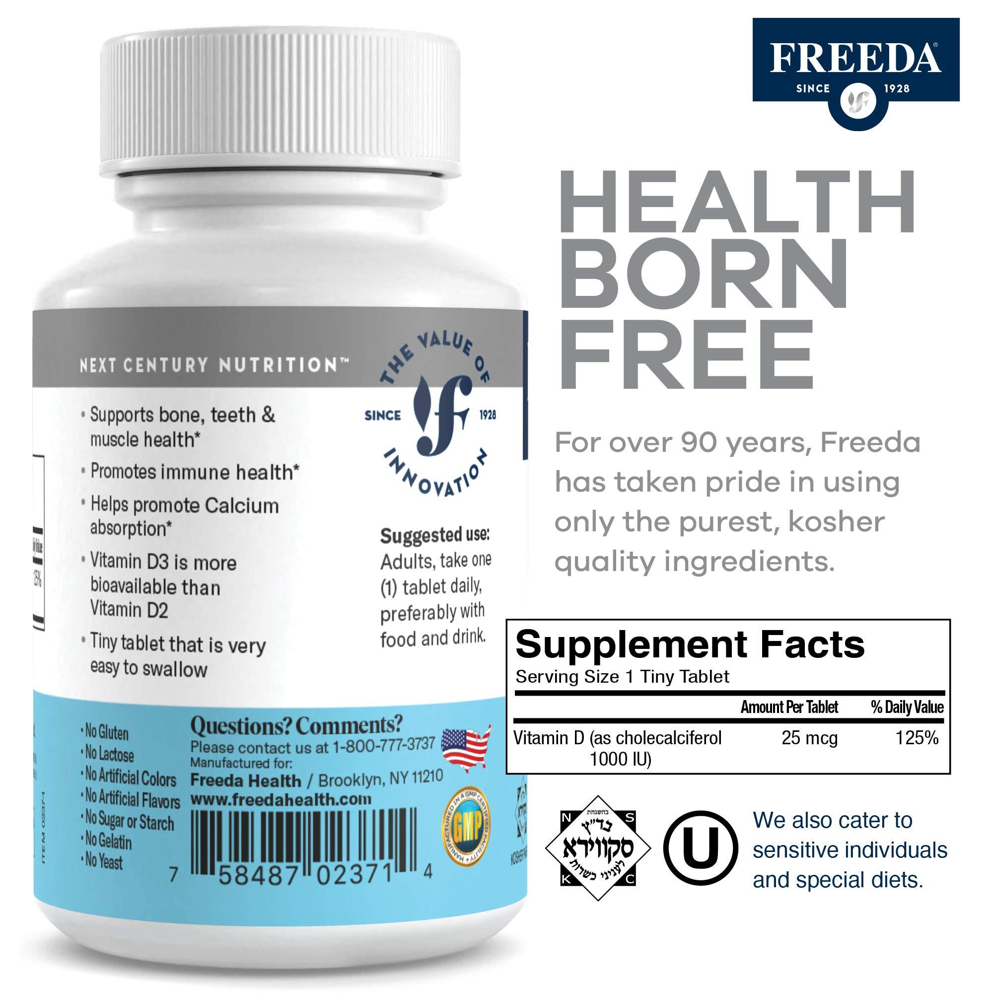 FREEDA FREEDA Vitamin D3-1000 IU - Pure High Potency Kosher Supplement Tablets - Bone and Muscle Health, Calcium Absorption, Immune Support for Men and Women* - 500 Count