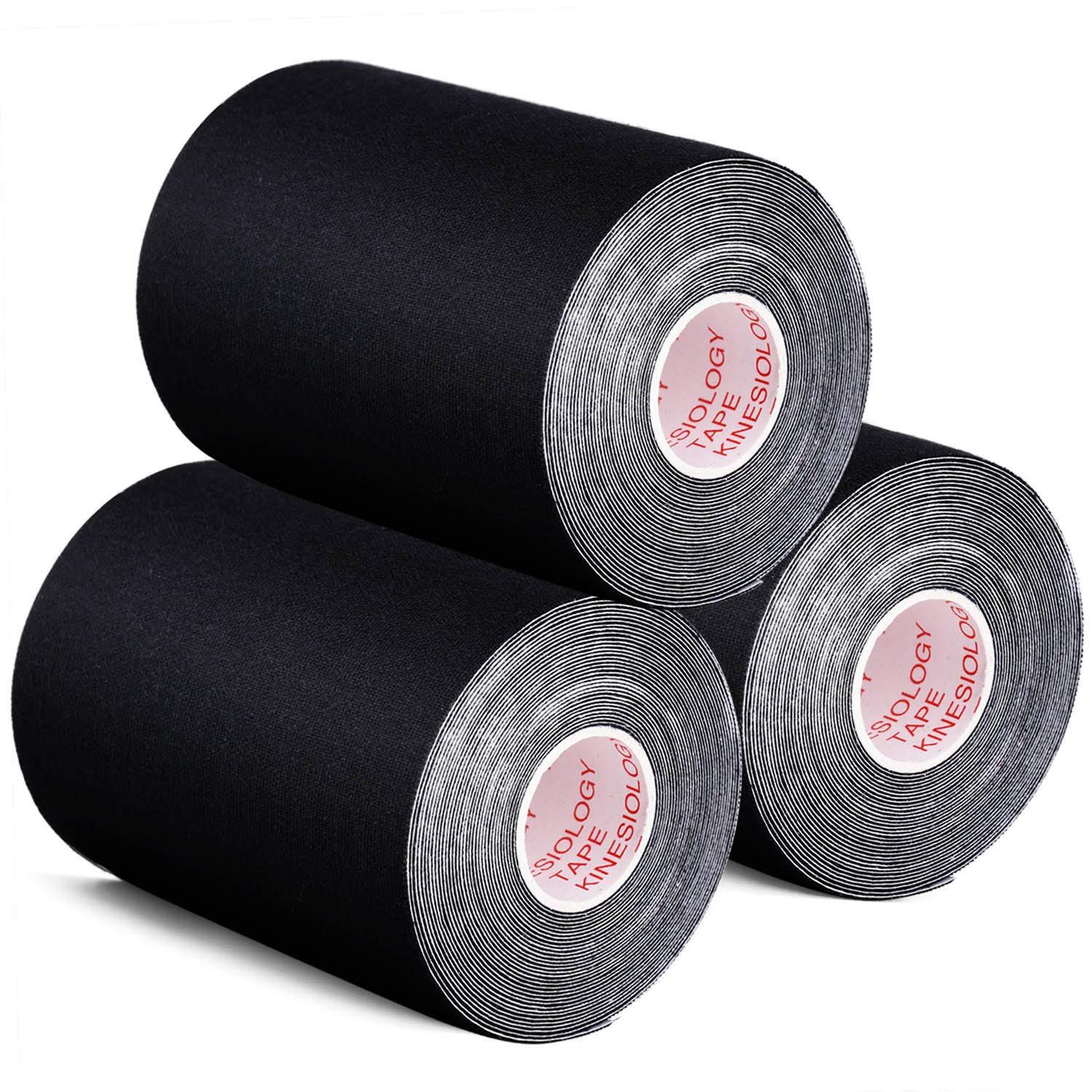 Gsbomzap Gstream 3 Pack Kinesiology Tape, Water Resistant Muscle Support Adhesive Sport Tape for Pain Relief, Latex Free Cotton Elastic Athletic Tape for Joints, Knee, Ankle, Shoulder, Wrist - Black 4in 5.5yd