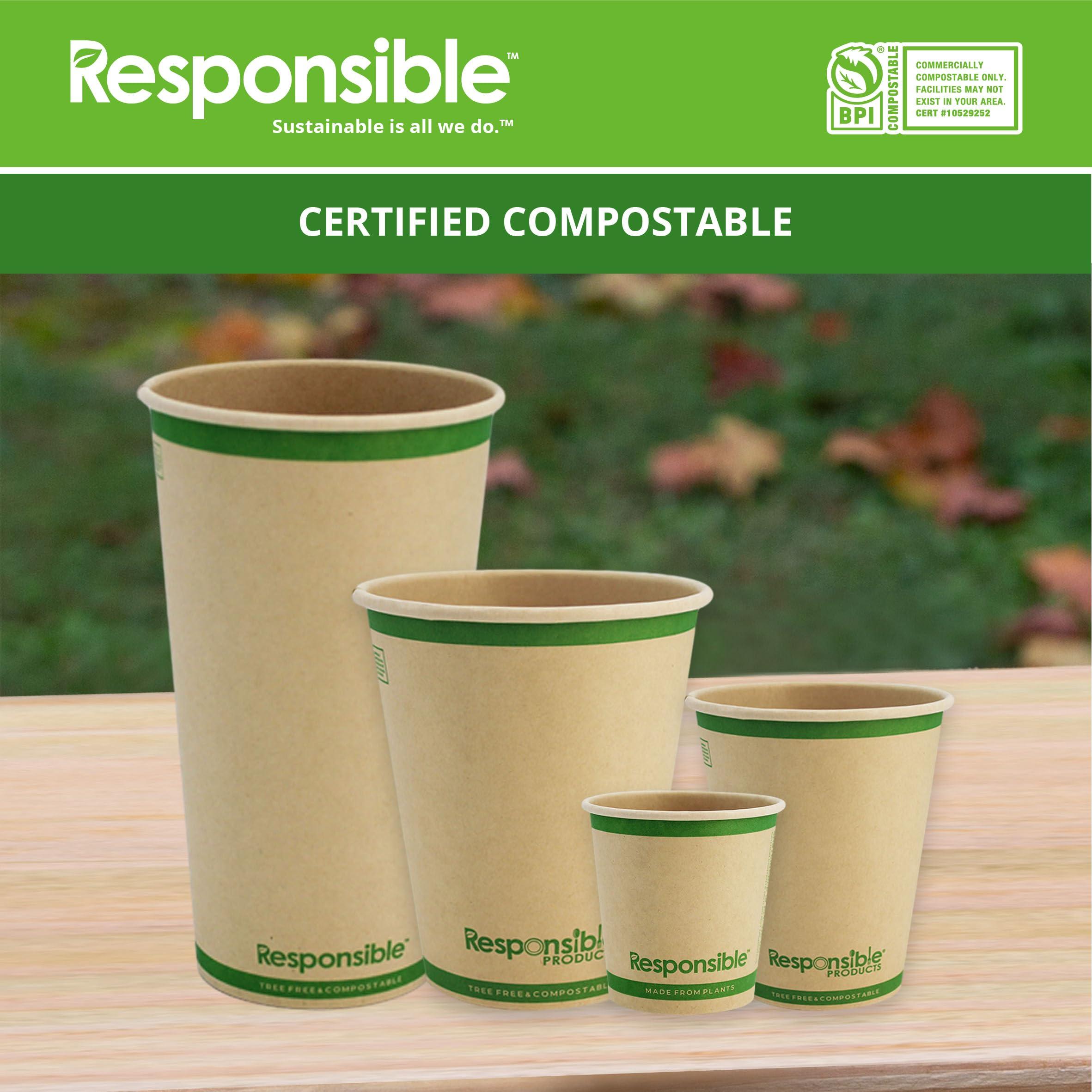 Responsible Products Responsible Products 10 oz Paper Hot Cups, Tree-Less Compostable Paper Coffee Cups, Extra Strength, Tree-Free and Made Without PFAS, Natural Brown (1000 Count)