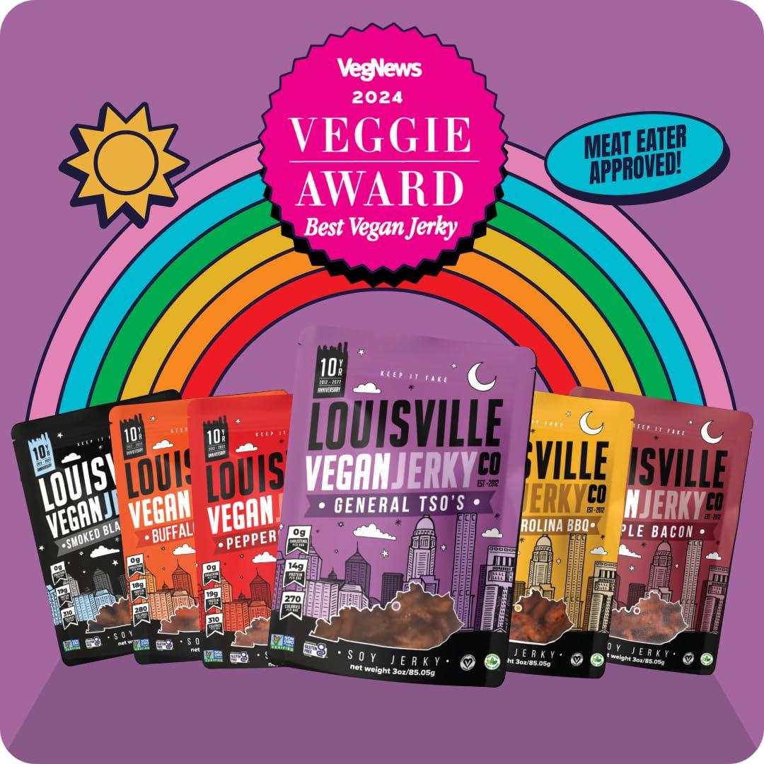 Louisville Vegan Jerky Louisville Vegan Jerky - General Tsos Vegan and Vegetarian Meat - Lip-Smacking Vegan-Friendly & Vegetarian Jerky - Non-GMO, Gluten-Free Low Fat High Protein Vegan Snacks