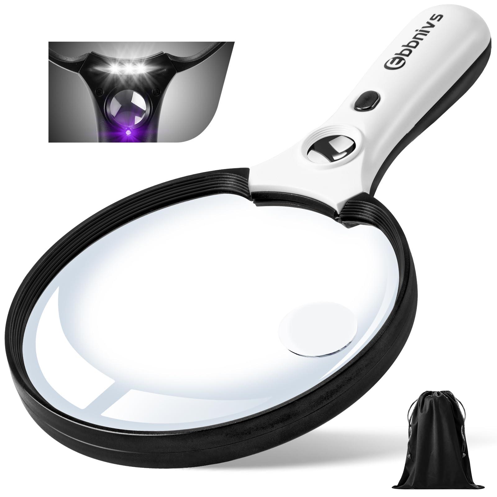 Ebbnivs Large Magnifying Glass with Light, Magnifier 10X 20X 45X Handheld Illuminated Lighted Magnifier with 3 LED Lights 1UV Light Storage Bag Clean Cloth for Seniors Reading Inspection (Black)