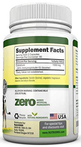NutriONN Colostrum - 1000mg - 120 Capsules - 30% IgG - Non-GMO US Dairy - First Milking Bovine Colostrum - Low Heat Processed - Great for GI Tract Health - Immune Support - Bone and Muscle Health