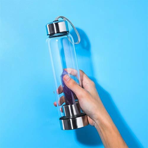 JewelBeauty Crystal Elixir Glass Water Bottle with Amethyst Gemstone Healing Crystal Infused Obelisk Wand Energy Cup (Amethyst)