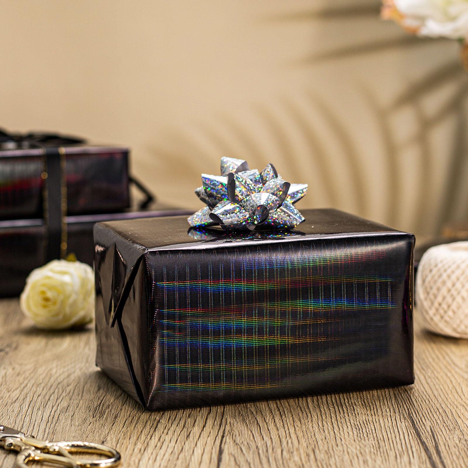 Burymento Burymento Black Wrapping Paper Roll, Metallic Holographic Stripe Gift Wrap for Birthday, Valentines, Mothers day, Graduation, Wedding, Fathers day, Baby Shower, Christmas (17 IN x 32.8 FT)