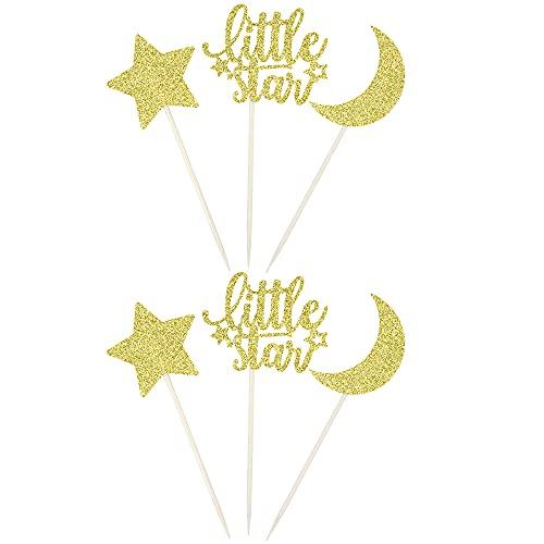 ZHUOWEISM 24 PCS Little Star Cupcake Toppers with Moon Gold Glitter Star Cupcake Picks Baby Shower Kids Birthday Party Cake Decorations Supplies