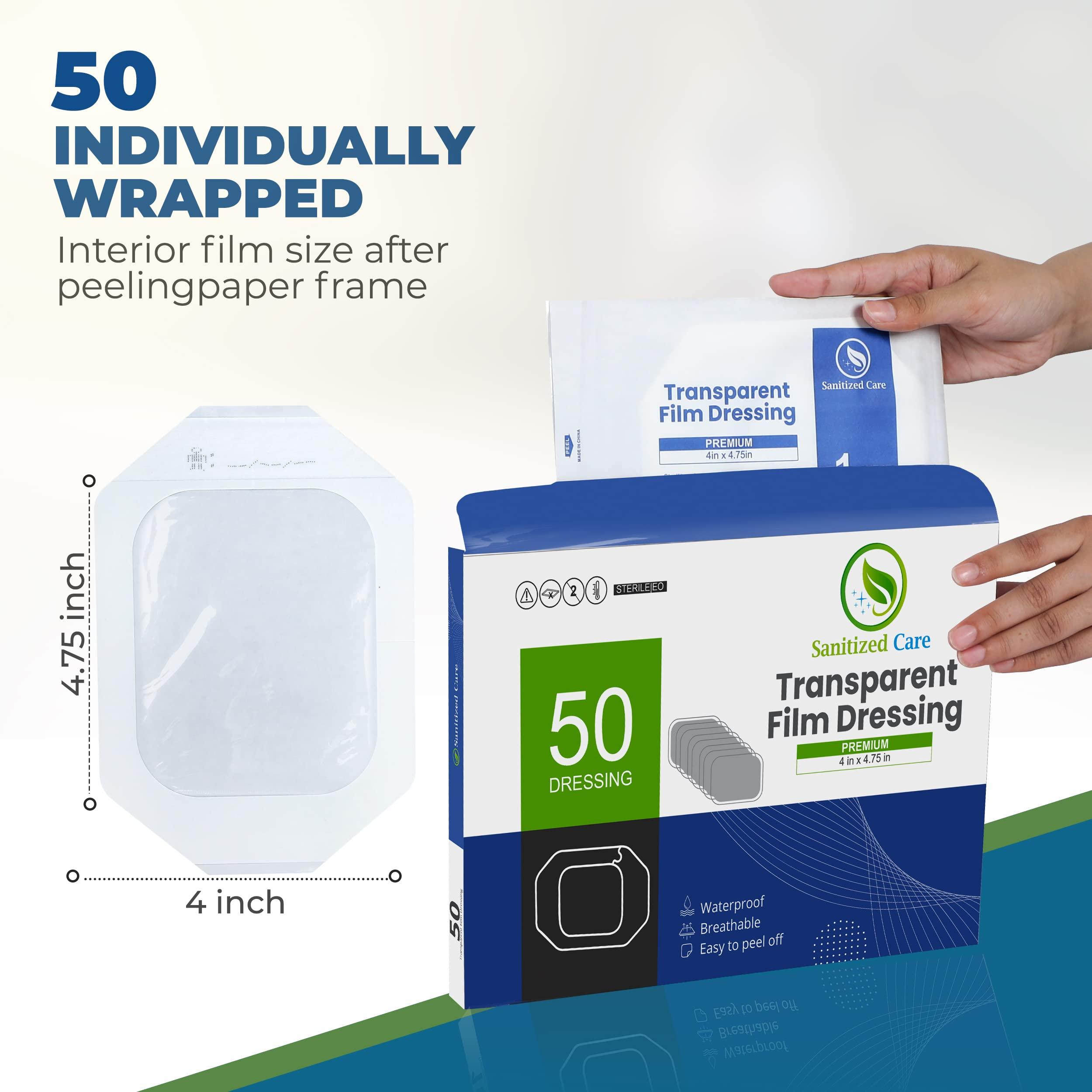 Sanitized Care Premium Transparent Film Dressing, 4\" x 4.75\" Pack of 50 Waterproof Wound Bandage for Post Surgical Shower or IV Shield, Clear Tattoo Aftercare Bandage & Adhesive Patches
