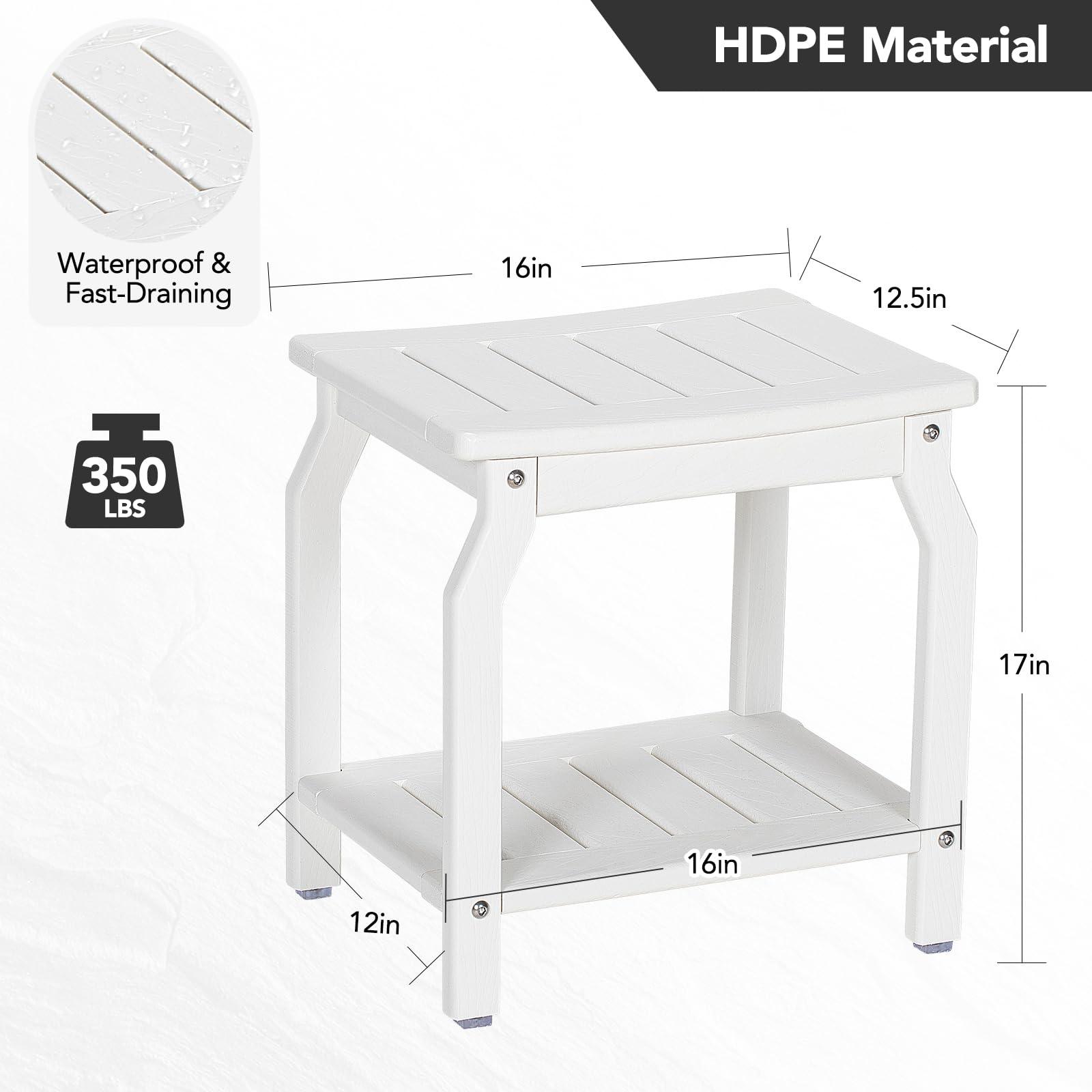 LOENIY LOENIY 2-Tier HDPE Shower Bench with Non-Slip Foot Pads, Wood-Like Spa Shower Stool for Inside Shower, Ergonomic Water-Proof Bathroom Bench Seat with Storage Shelf, for Seniors & Adults (White)