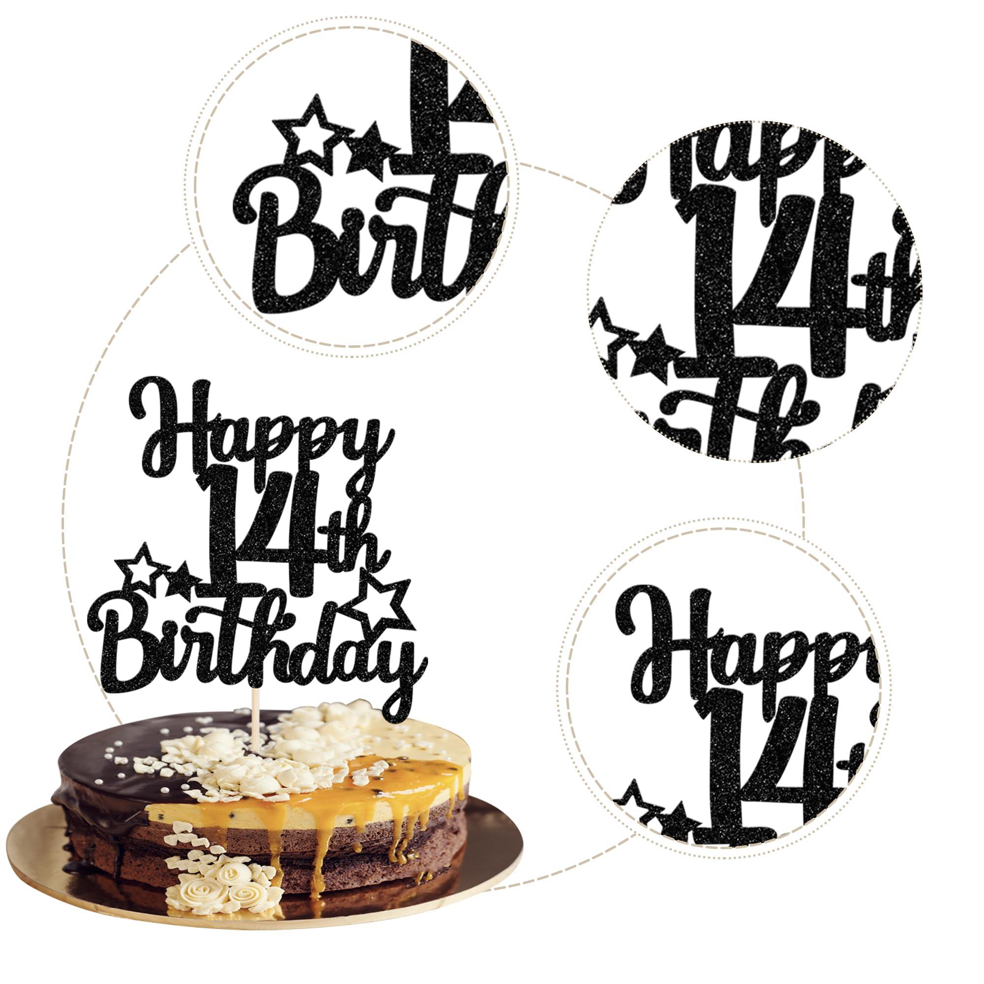 YCTHUNFISH 1 Pack Happy 14th Birthday Cake Topper Glitter Star 14 Fabulous Cake Pick Sweet 14th Cake Decorations for Children 14th Birthday Theme Party Supplies Black