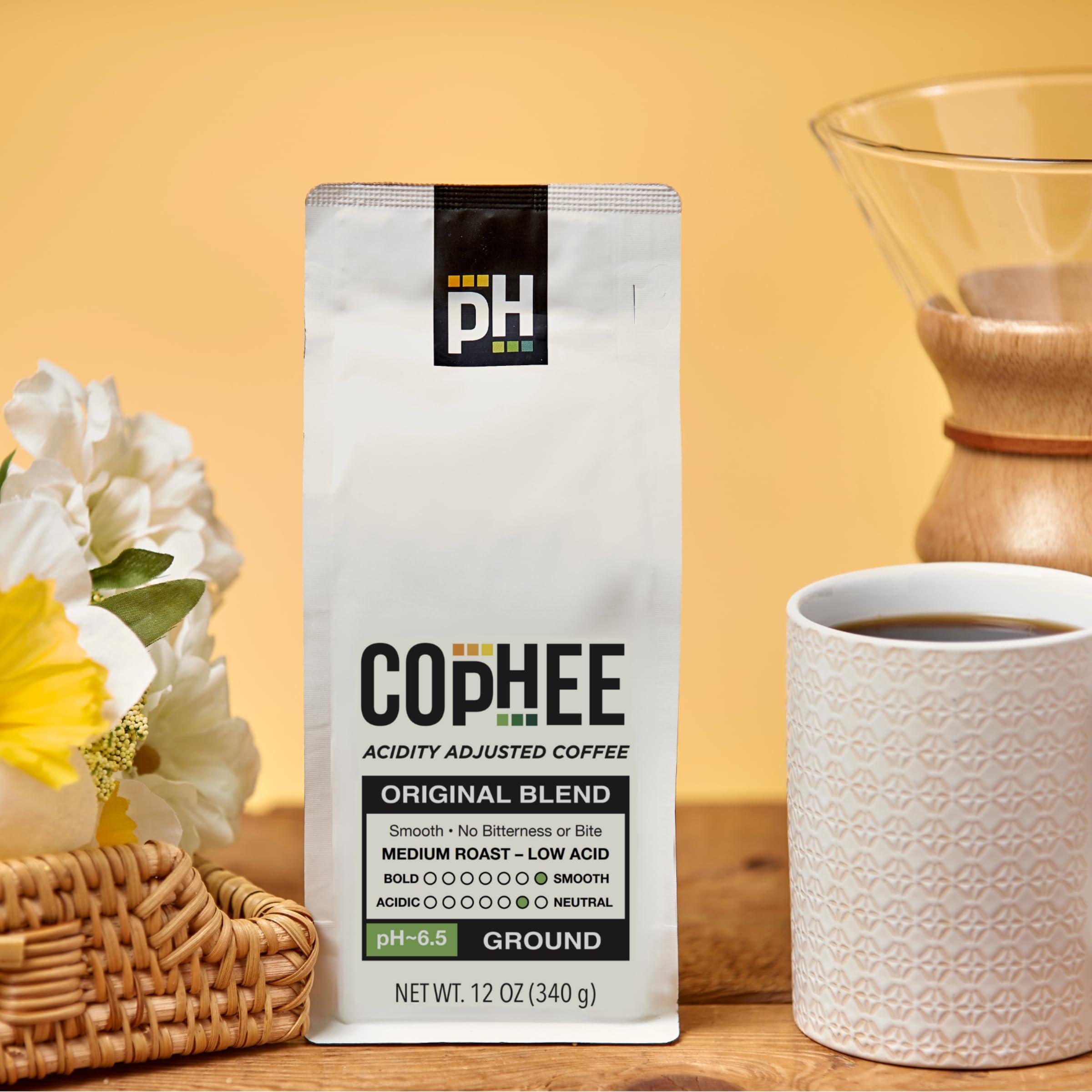 COpHEE Electrolyte Infused Low Acid Coffee by COpHEE - Ground Medium Roast - Smooth Non-GMO Arabica Coffee - Designed for Sensitive Stomachs, Acid Reflux, and Heartburn - Original Blend 12 oz bag