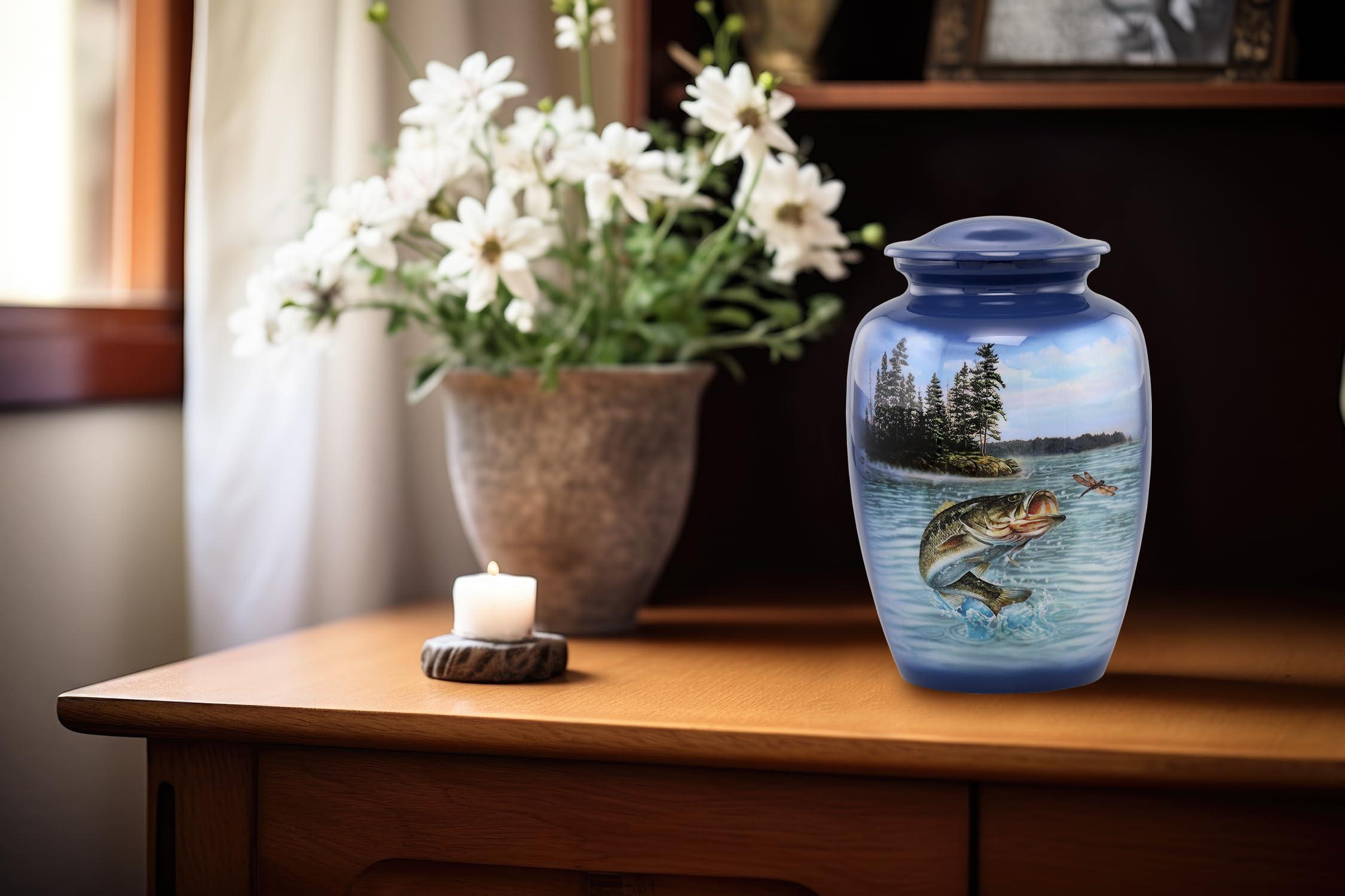 Immortal Memories Bass Fishing Large Urn - Cremation Urn for Human Ashes Male & Female - Heart Fishing Urn - Handcrafted Funeral Memorial Urn for Adults Urn Velvet Case & Bag (Large)
