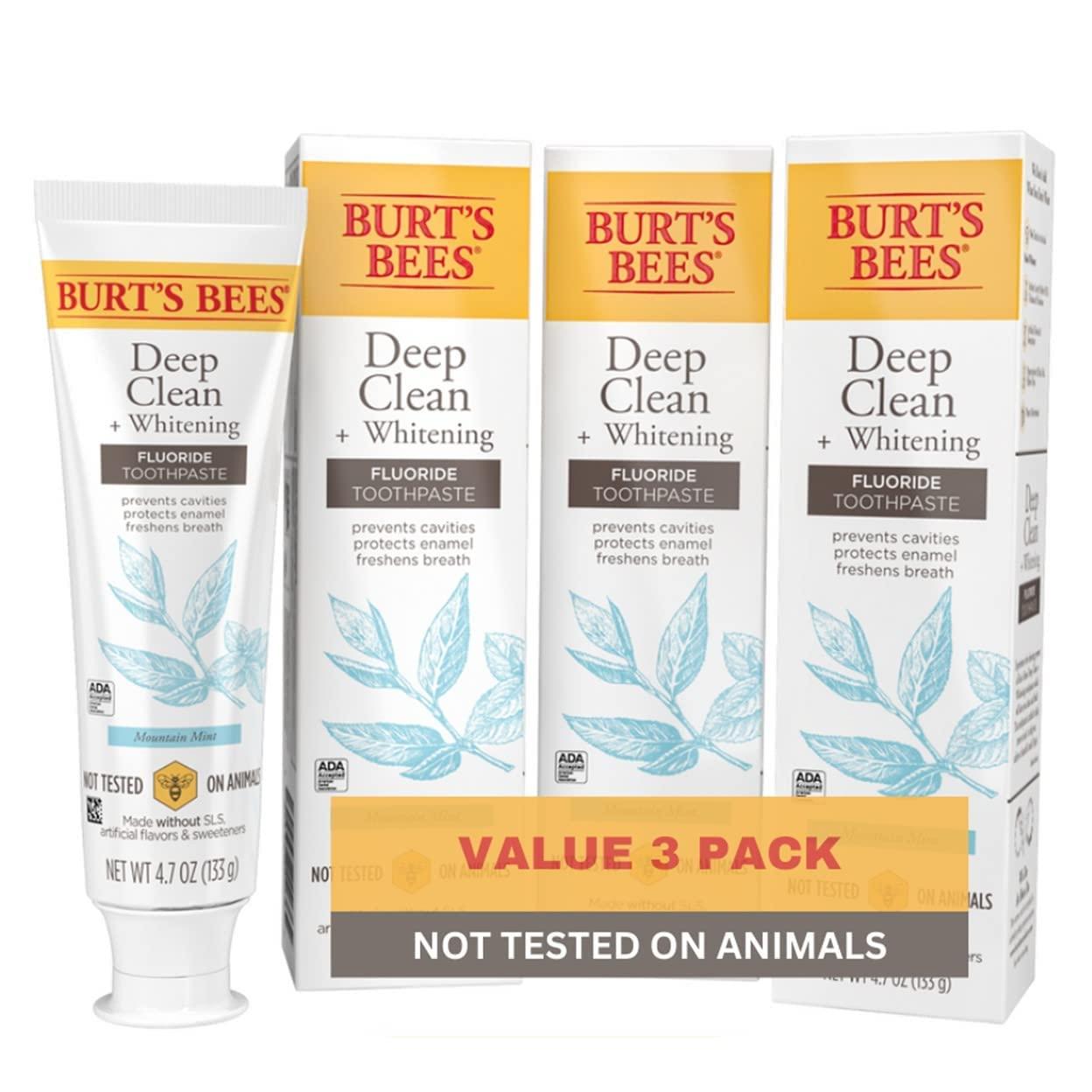 Burt\'s Bees Burt\'s Bees Toothpaste, Natural Flavor, Fluoride Toothpaste Deep Clean + Whitening, Mountain Mint, 4.7 oz each , (Pack of 3)