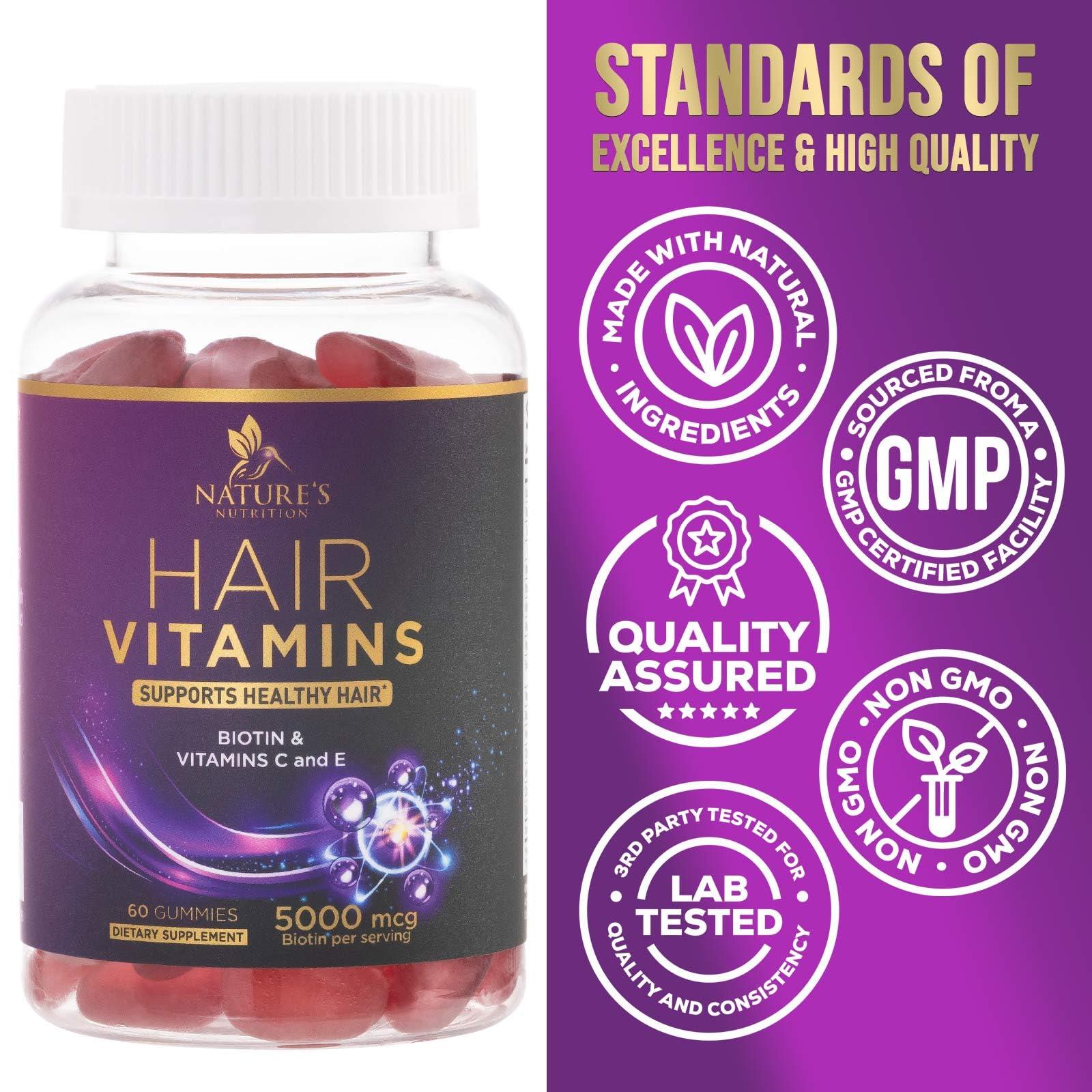 Nature's Nutrition Hair Growth Supplement Gummy for Stronger, Radiant Hair, Skin & Nails - Hair Vitamins with Biotin 5000 mcg and Vitamin E & C, Nature\'s Extra Strength Hair Vitamins for Women & Men - 60 Gummies
