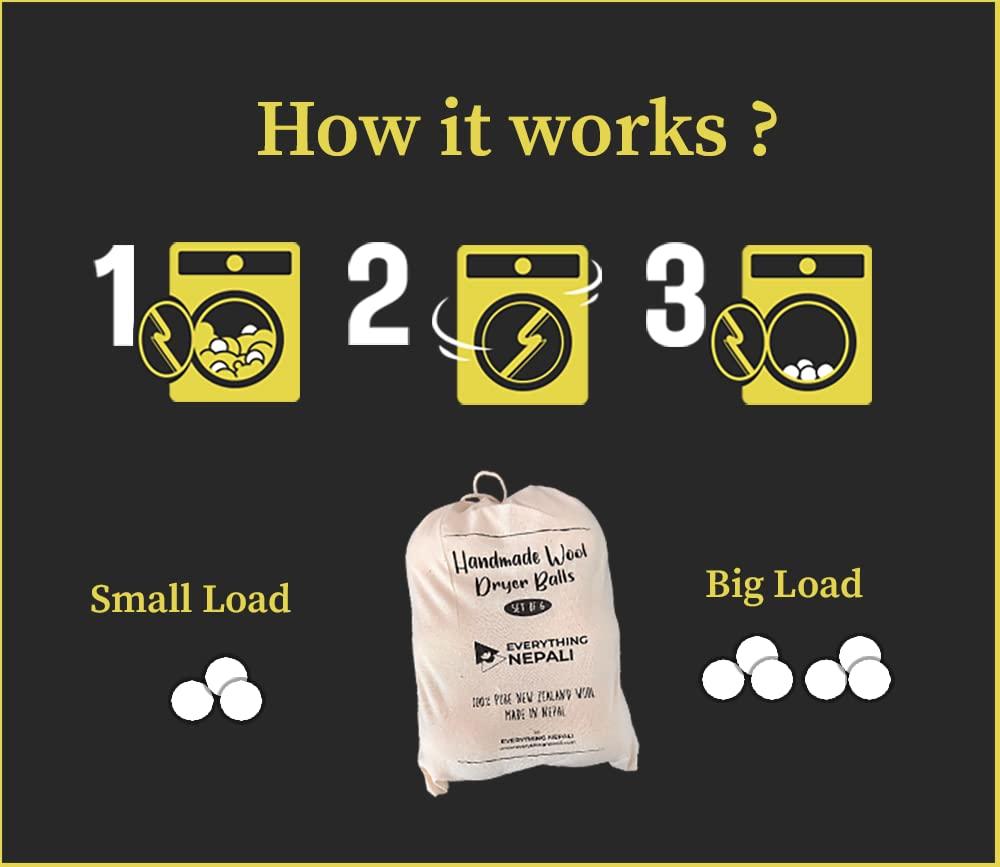 Everything Nepali Laundry Wool Dryer Balls 6 Pack - Premium Natural Organic, Chemical Free, Reusable, Anti Static, Reduces Clothing Wrinkles and Saves Drying Time